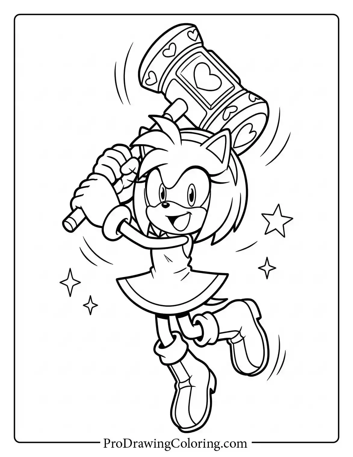 Amy Rose cheerfully swinging her Piko Piko Hammer surrounded by stars, a beautiful addition to amy rose sonic coloring pages.