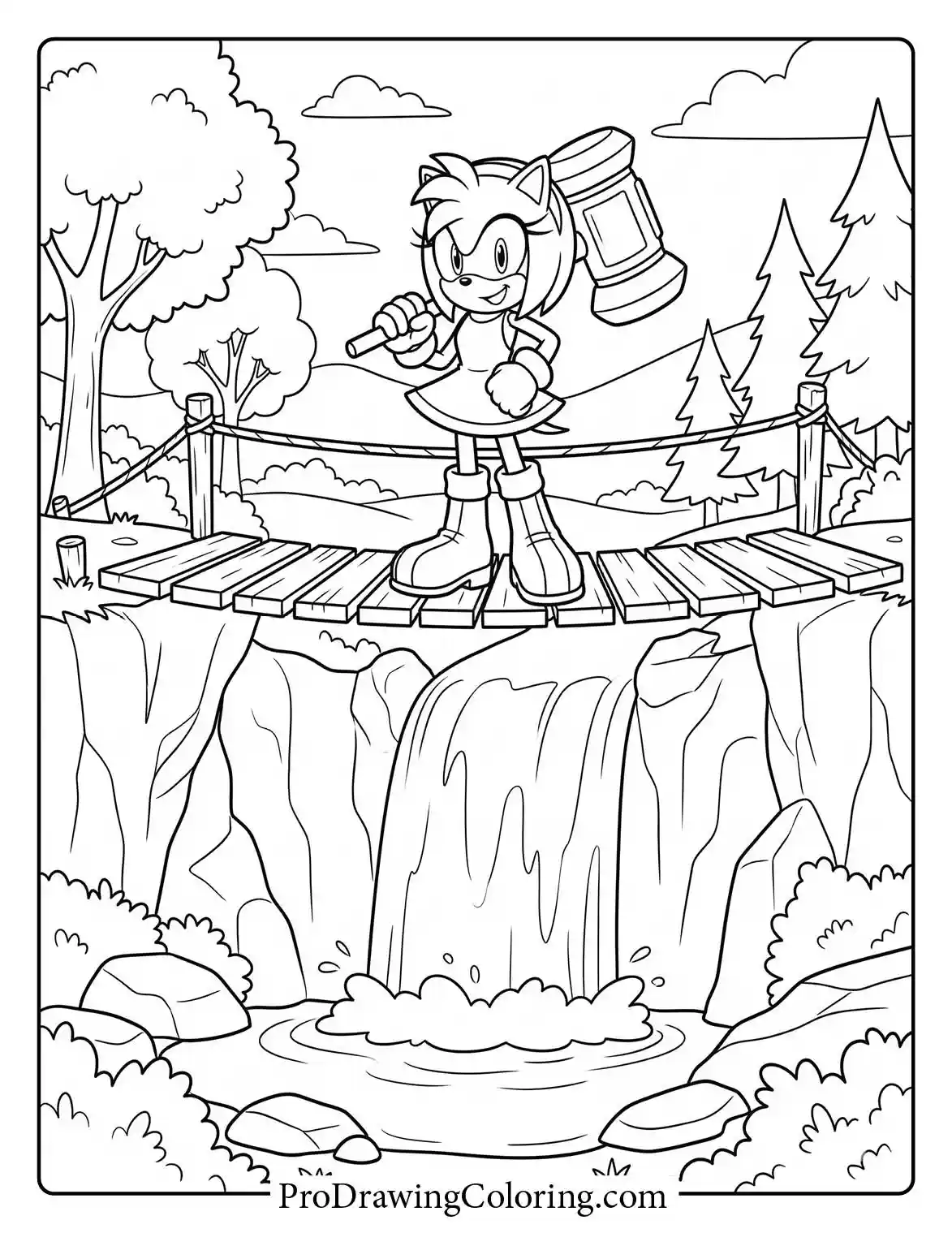 Amy Rose holding her hammer while standing on a wooden bridge over a beautiful waterfall in this nature colouring page.