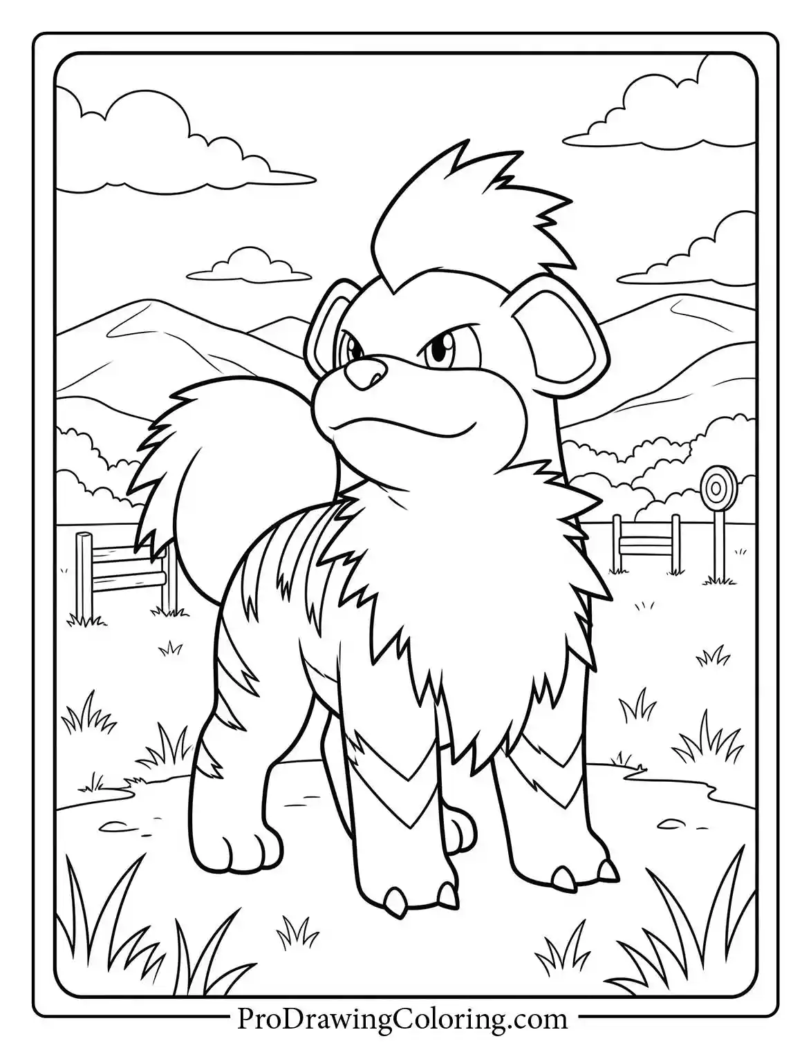 Arcanine stands majestically in a grassy field near a wooden fence, looking strong and proud under a bright clear sky, a beautiful Pokemon colouring.