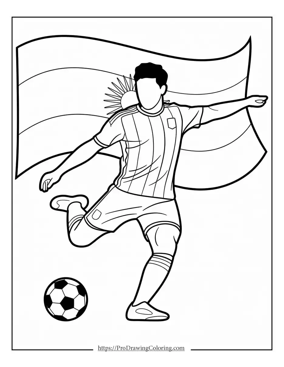 Celebration scene of a soccer player posing proudly with the Argentina flag