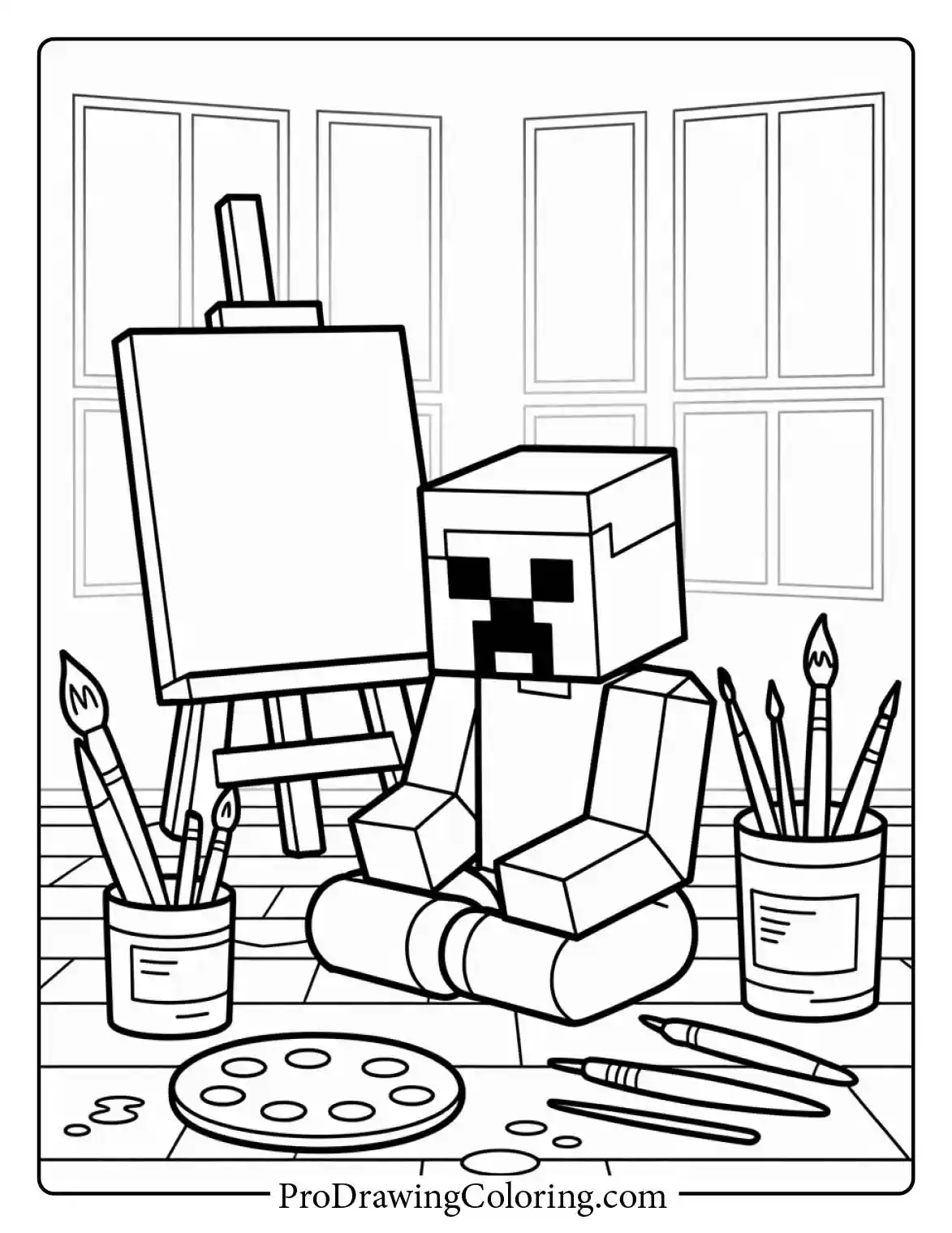 Creative Minecraft coloring printable of a Creeper artist sitting on the floor with a palette, paintbrushes, and a blank canvas.