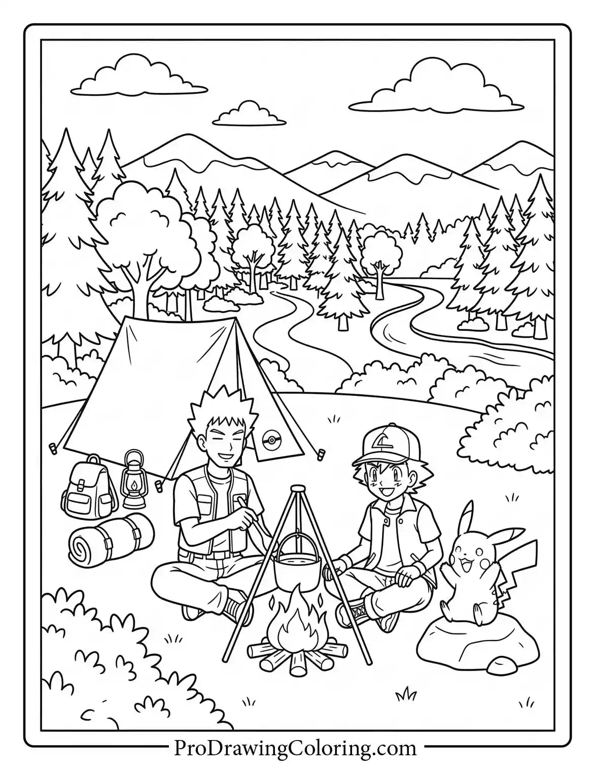 Printable showing Ash and Brock sitting around a campfire at night with a tent nearby.