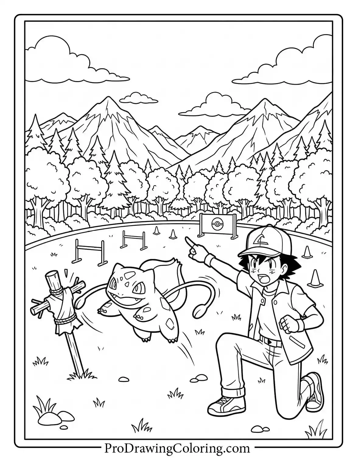 Ash is training in a field commanding Bulbasaur, a tough Pokemon coloring page for expert fans.