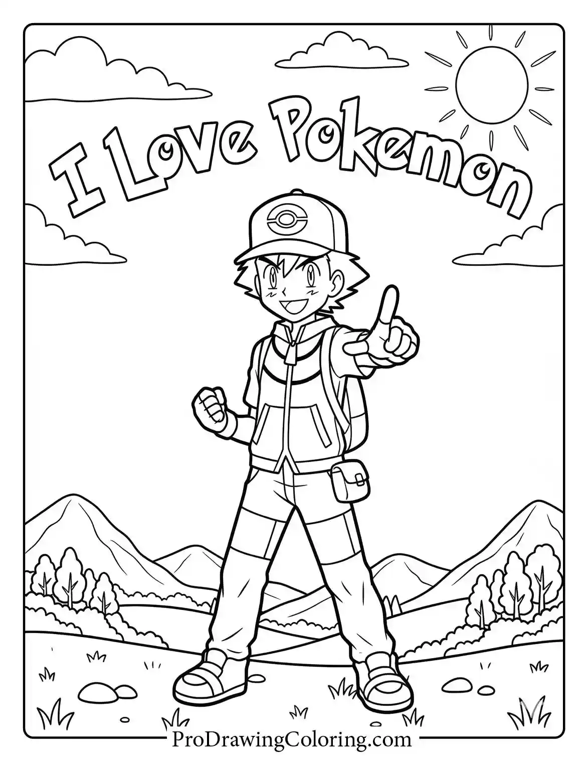 Printable of Ash holding up a large wooden sign in front of a mountain landscape view.