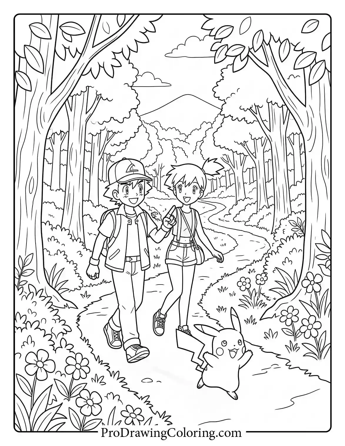 Ash and Misty are strolling through a dense forest with Pikachu, a peaceful Pokemon colouring.