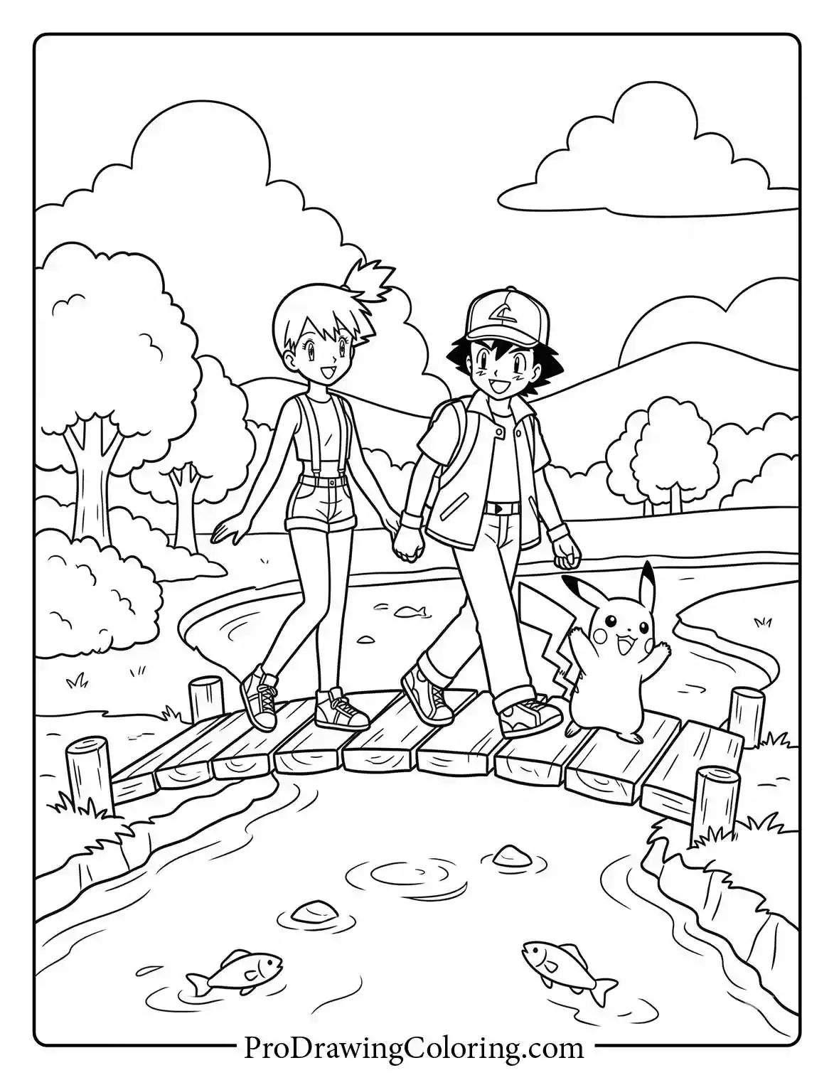 Ash, Misty, and Pikachu are walking across a wooden bridge, a fun Pokemon colouring for kids.