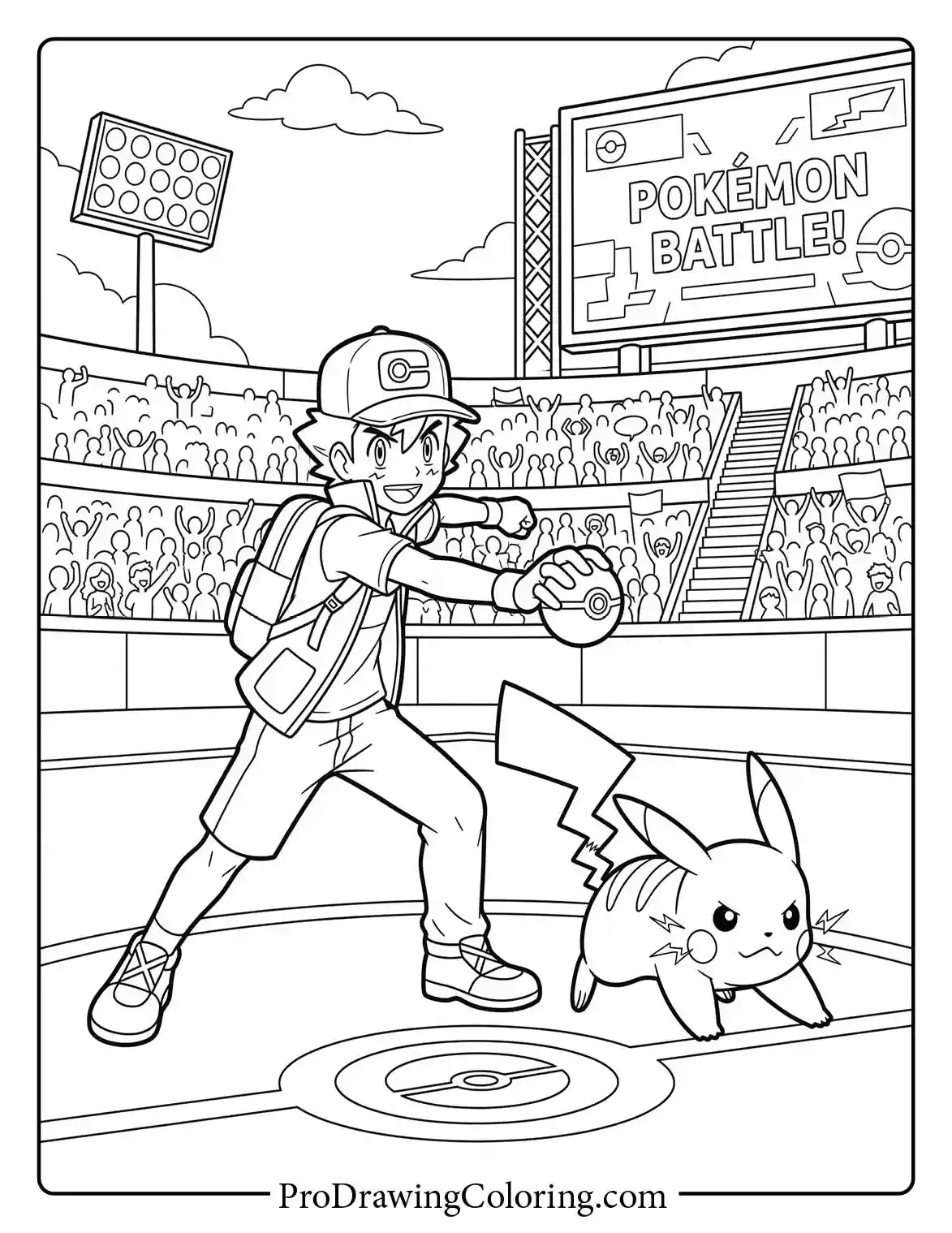 Ash and Pikachu standing on a battle court inside a stadium, a pro Pokemon coloring page.
