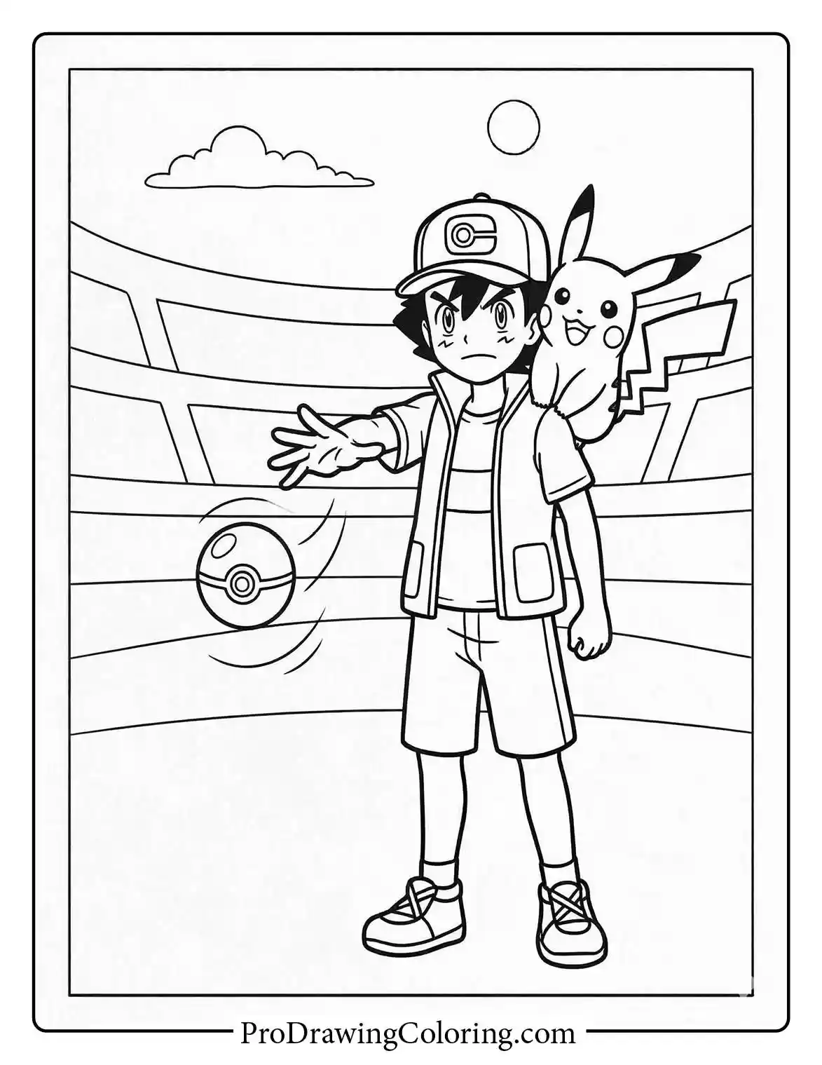 Ash is ready for a battle holding a Poké Ball, a dynamic Pokemon coloring page.