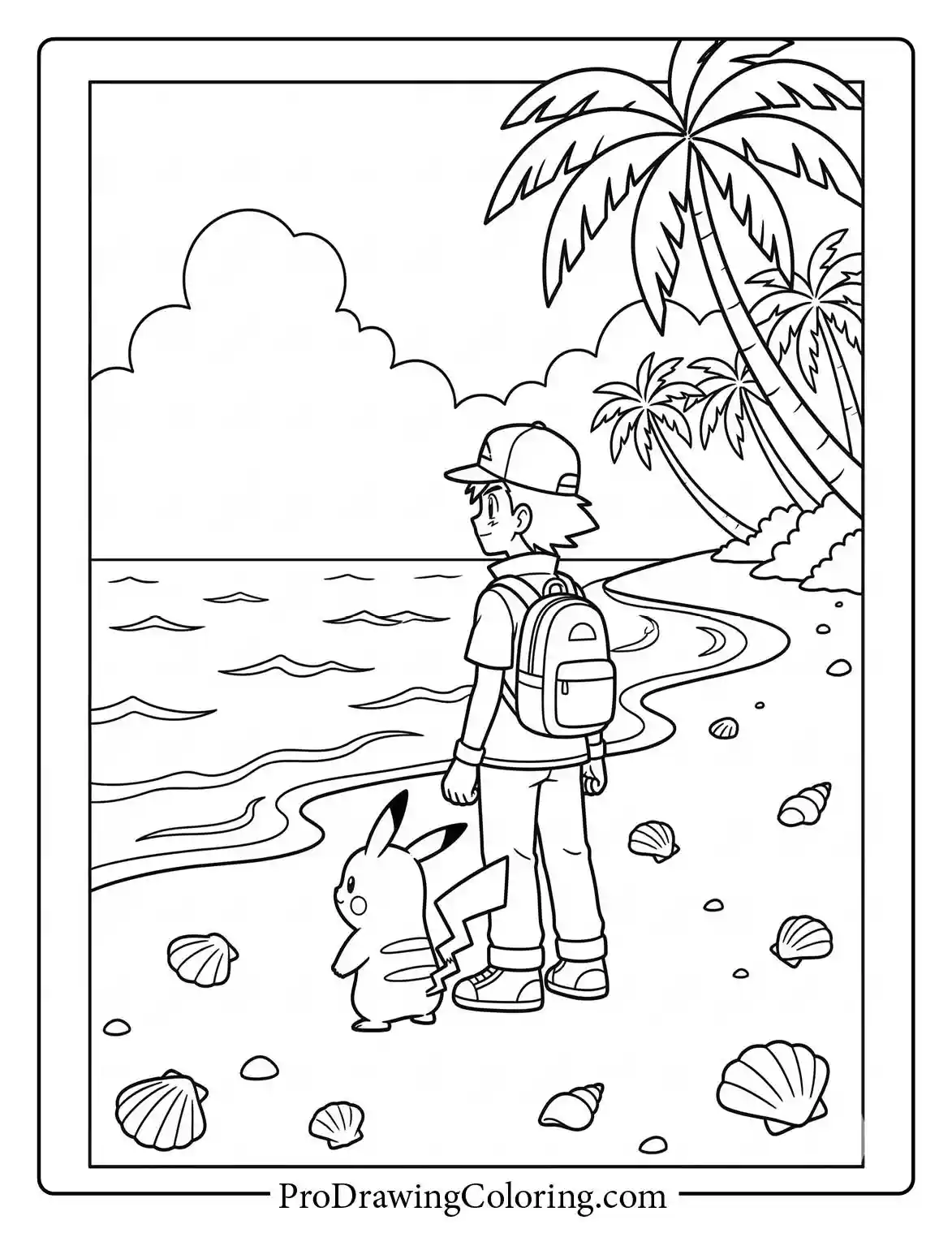 Ash and Pikachu are standing on a sandy beach, a relaxing Pokemon coloring sheet for kids.