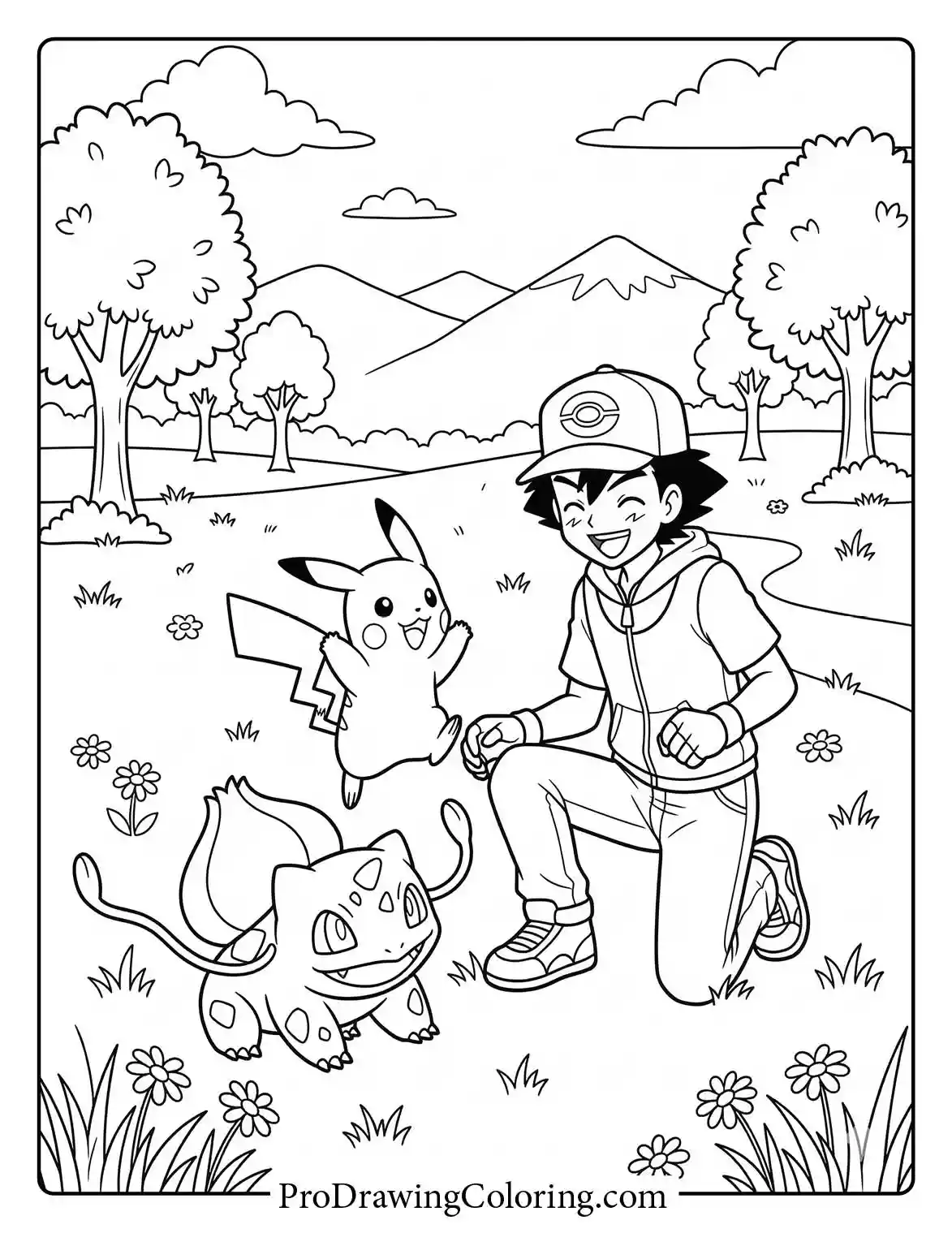 Ash is crouching in a field with Pikachu and Bulbasaur, an awesome Pokemon coloring sheet.
