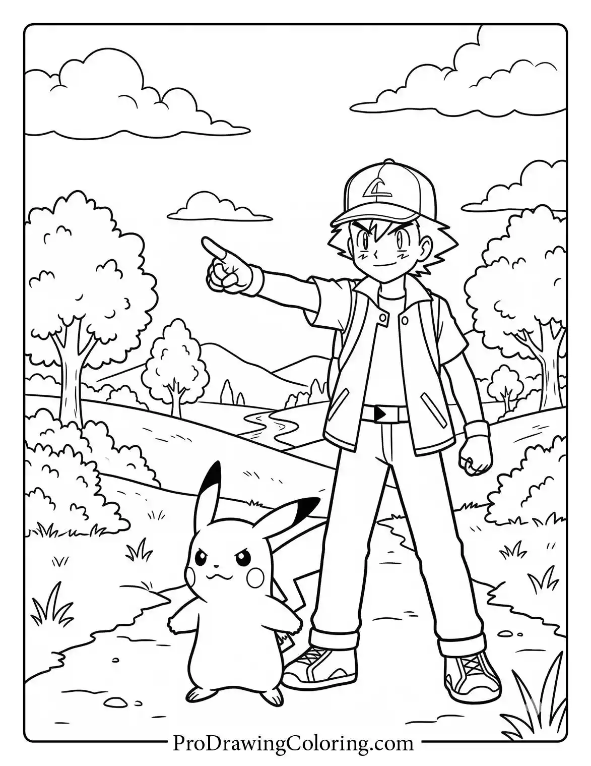 Ash points toward the horizon with Pikachu at his side, a scenic Pokemon coloring page.