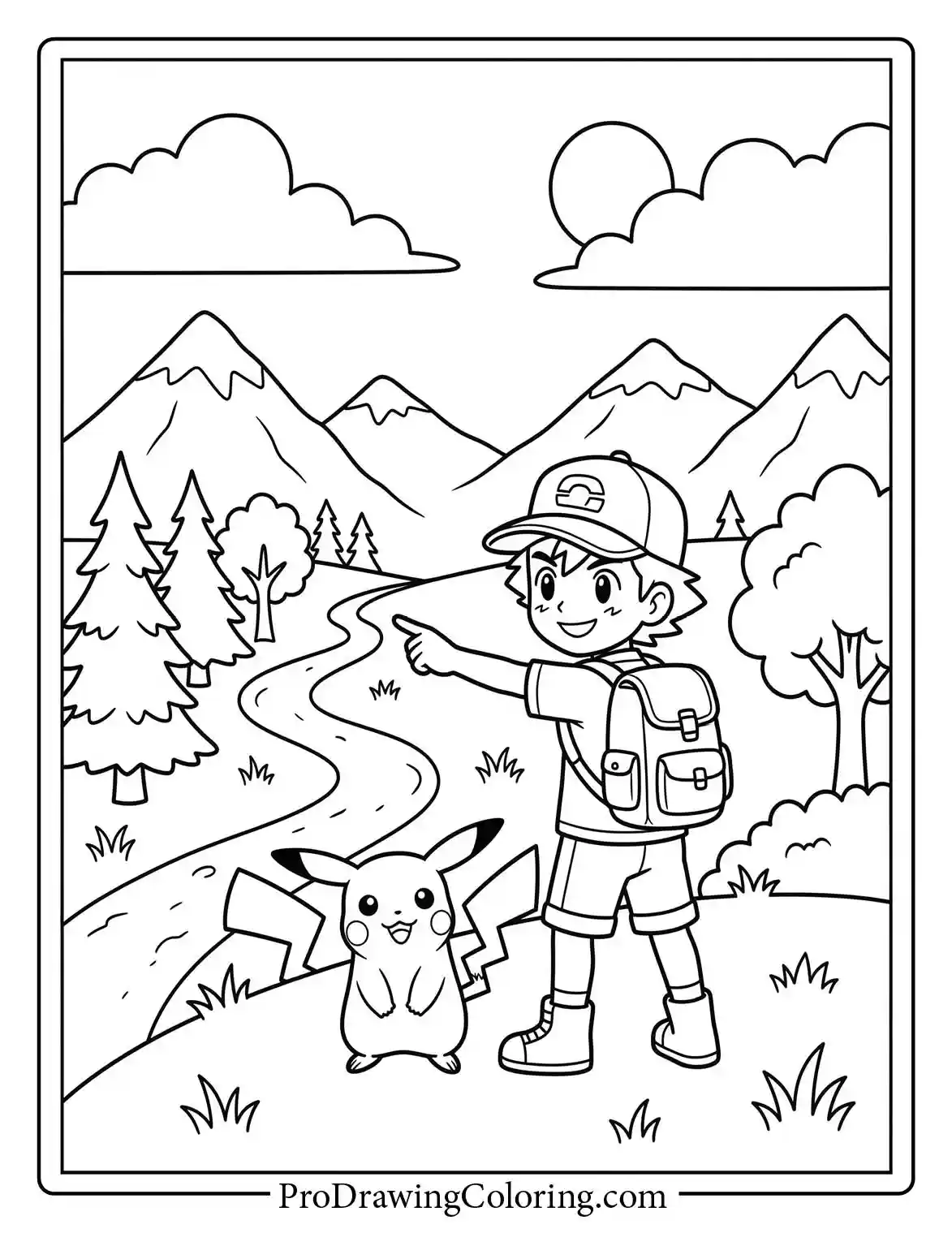 Ash points toward the horizon with Pikachu, a cool Pokemon coloring sheet for creative artists.