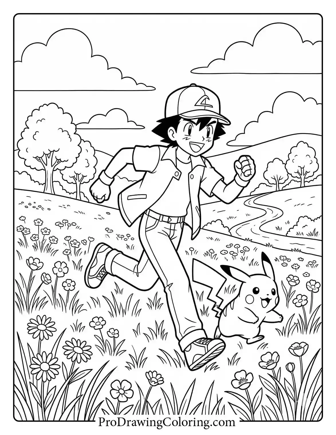Ash and Pikachu are running together through a sunny field, a happy Pokemon coloring page.