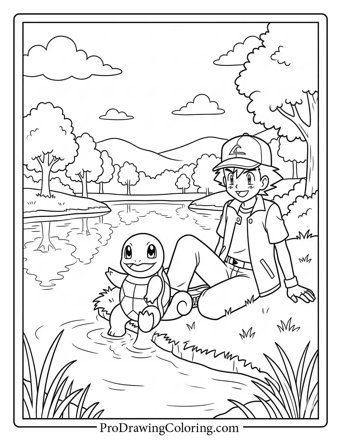 Coloring page of Ash Ketchum sitting on a rock by a peaceful river with Squirtle in nature.