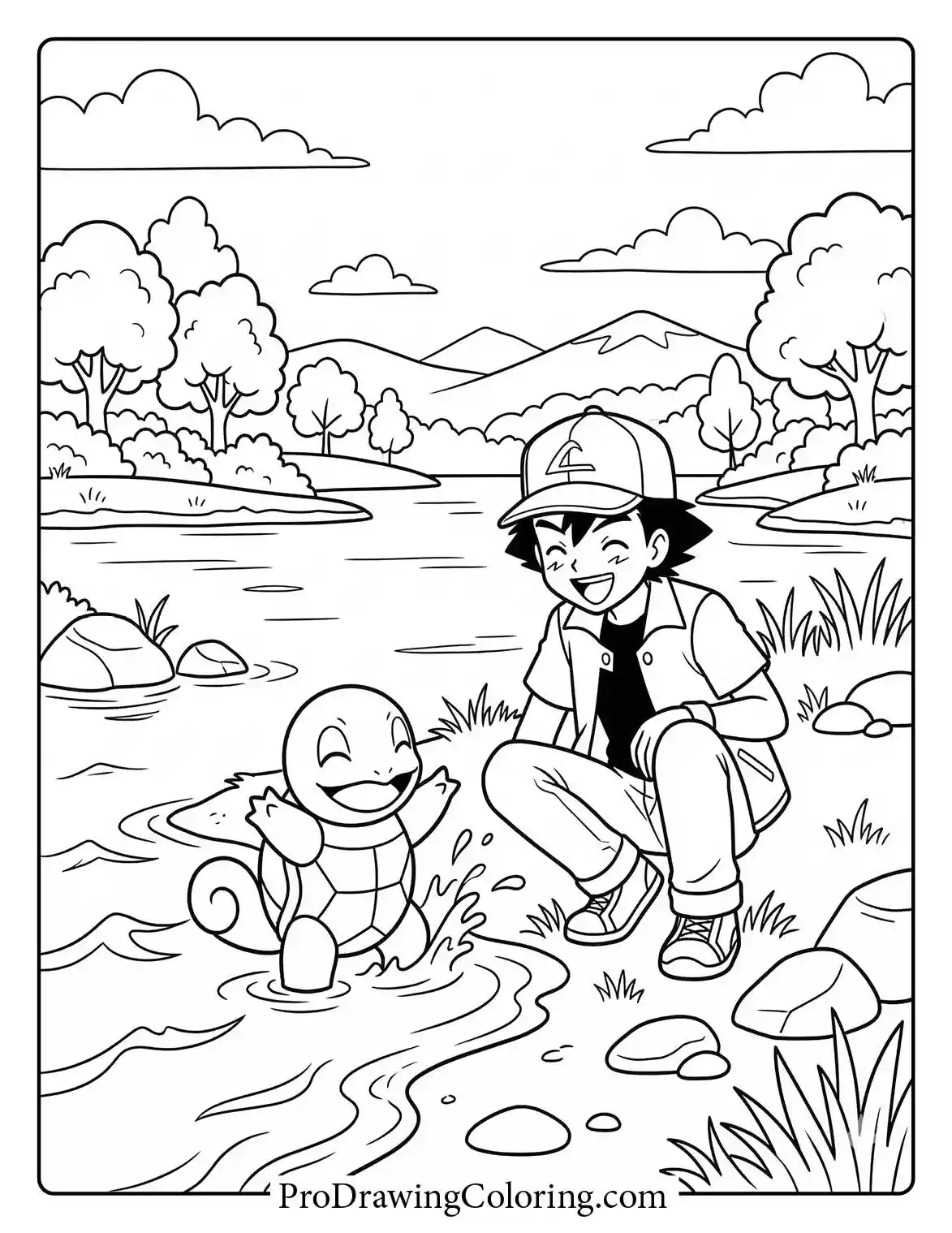 Ash is playfully splashing water toward Squirtle in a river, an easy Pokemon coloring page.
