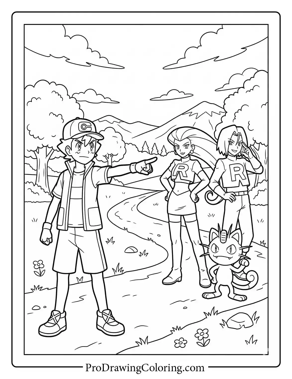 Ash is pointing at Team Rocket on a forest path, a classic Pokemon coloring page.