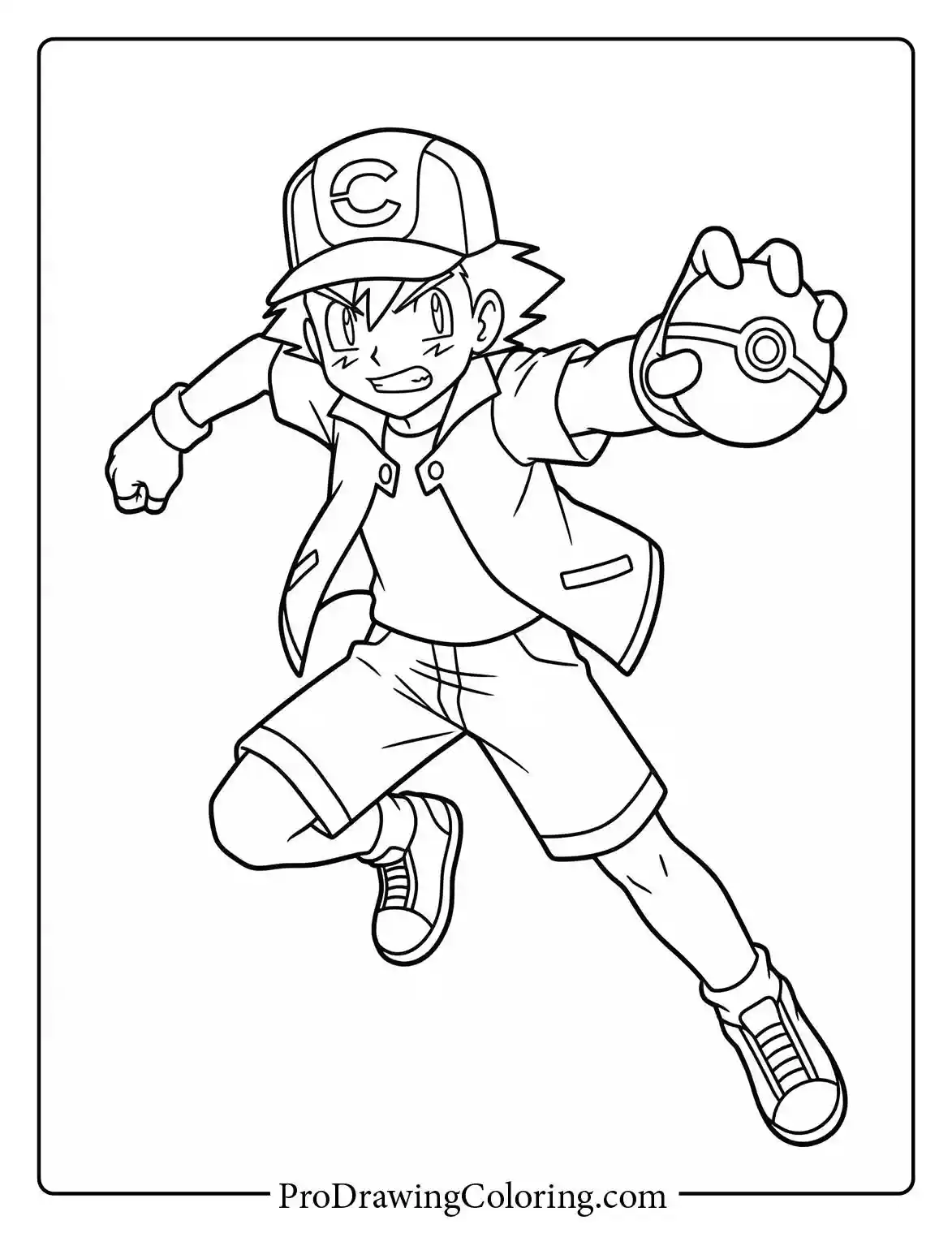 Ash is jumping high in the air holding a Poké Ball, a best Pokemon coloring page.
