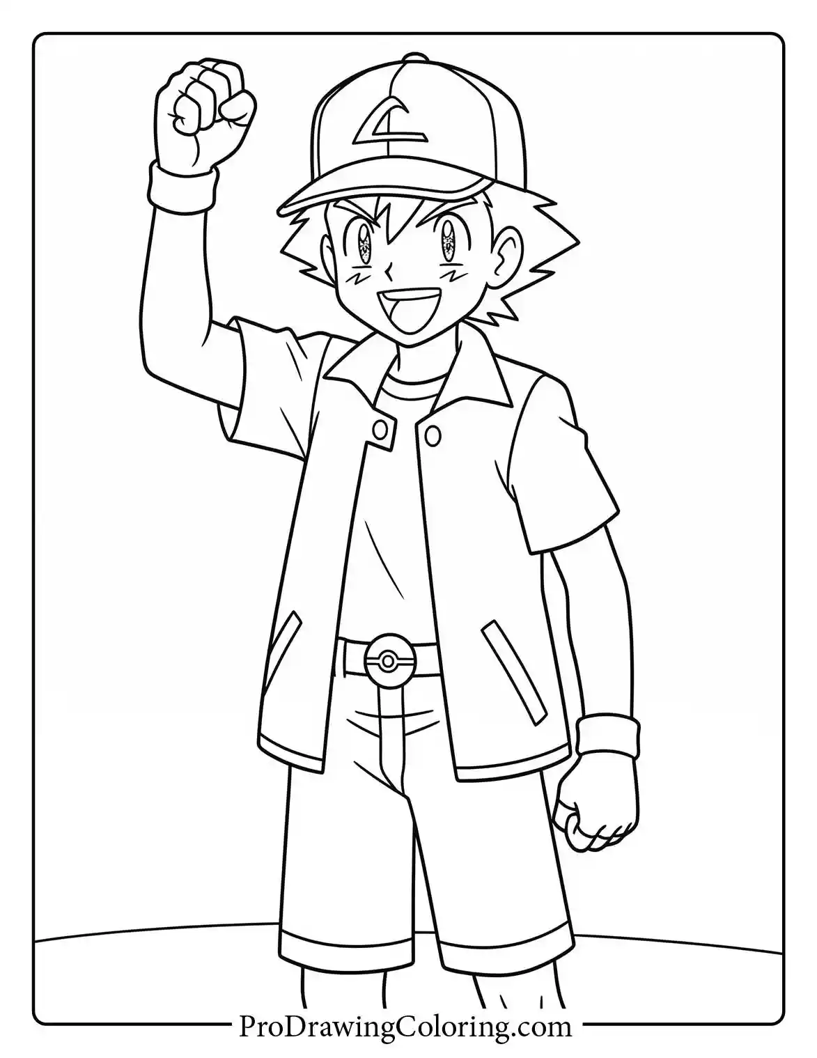 Ash celebrates a victory by raising his fist and smiling, a great Pokemon colouring sheet.