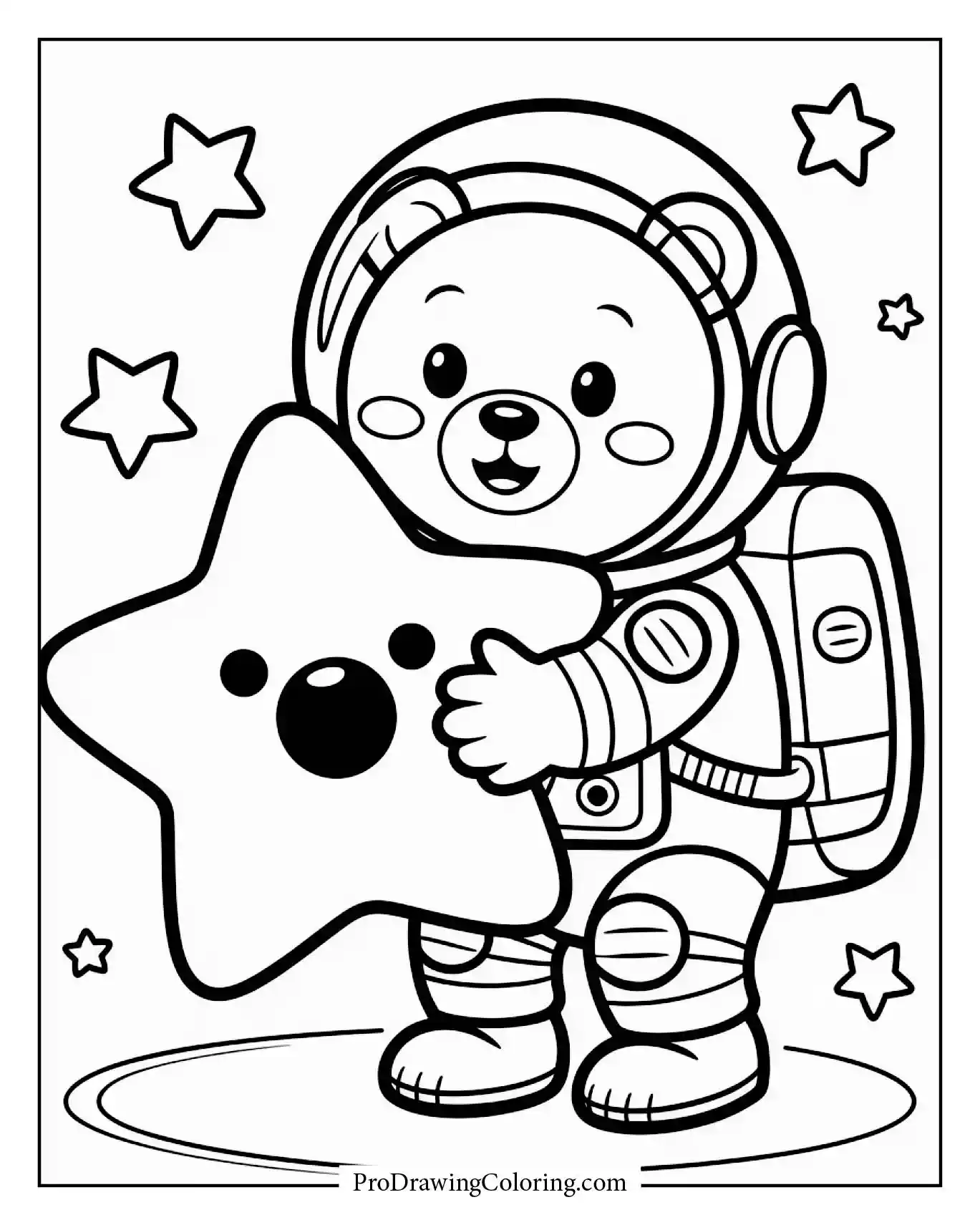 Adorable astronaut bear hugging a glowing star in outer space.