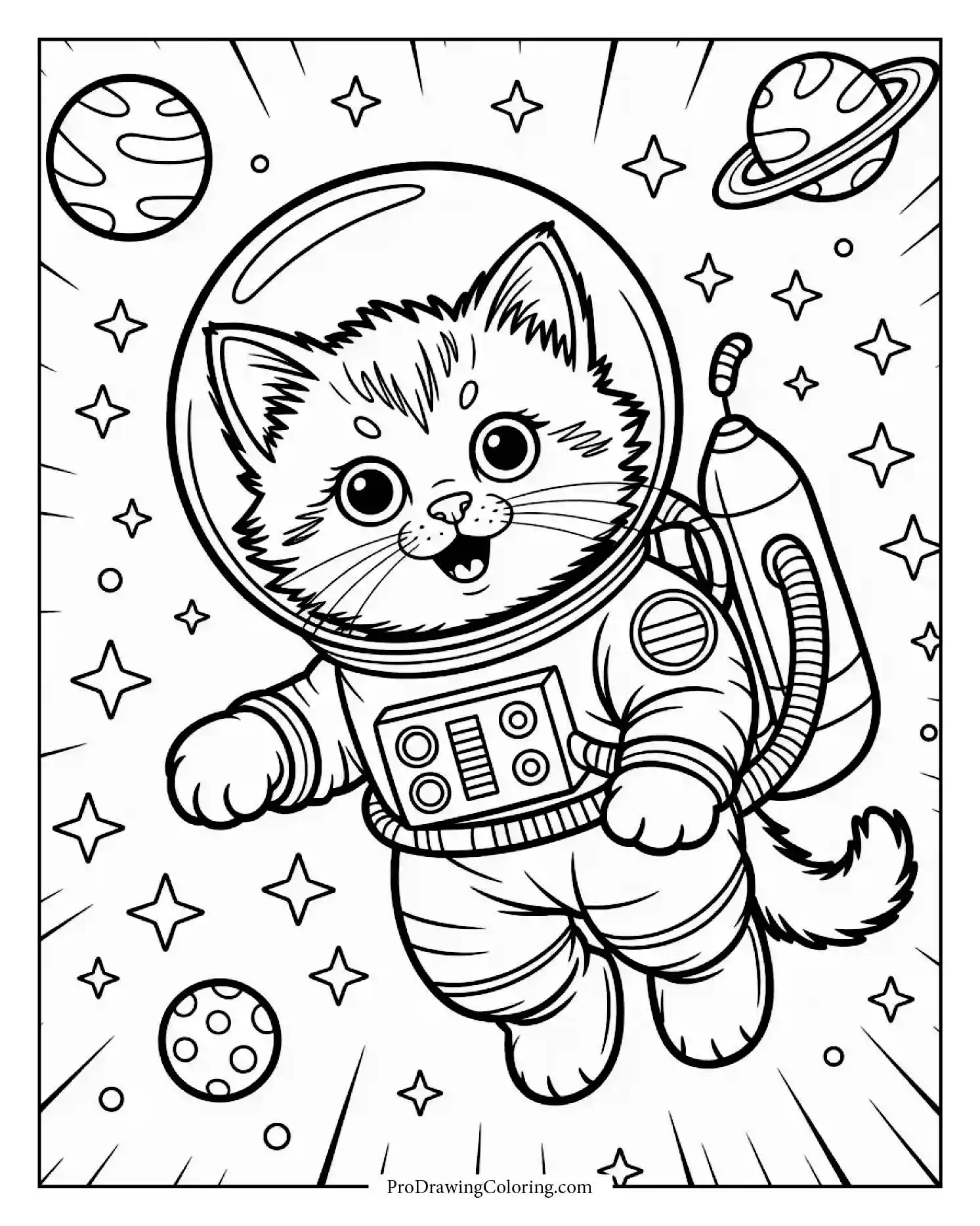 astronaut kitten coloring sheet Space-themed kitten coloring page in astronaut suit