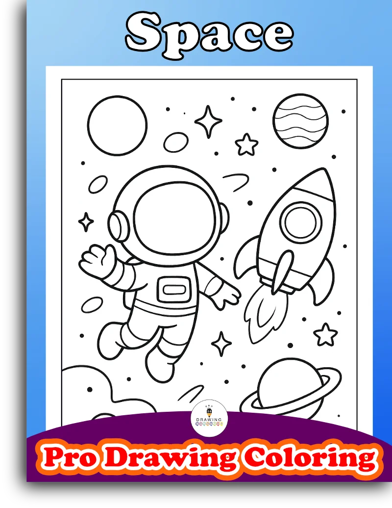 A happy cartoon astronaut in space, easy black and white printable to print and cut for kids.