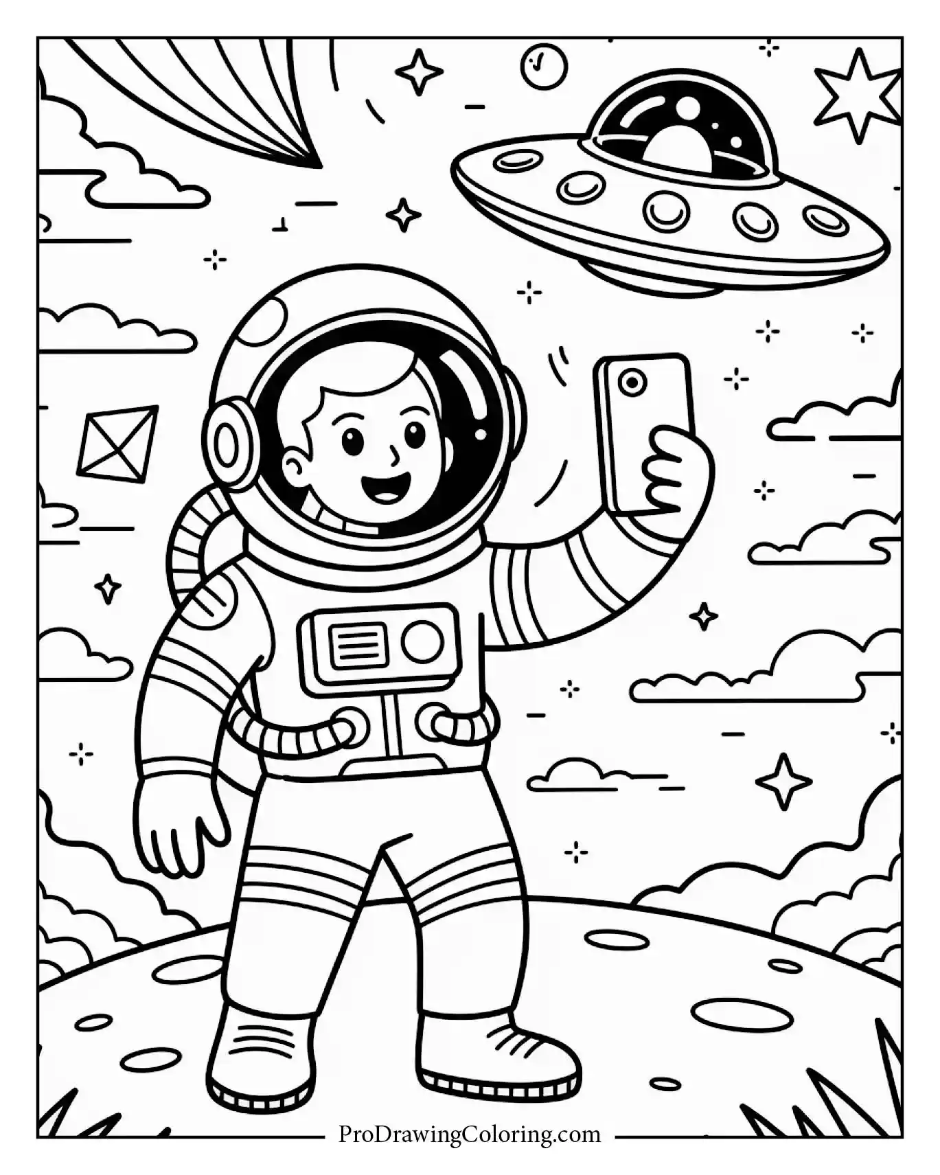 Funny astronaut taking a selfie with a UFO, lighthearted space scene.