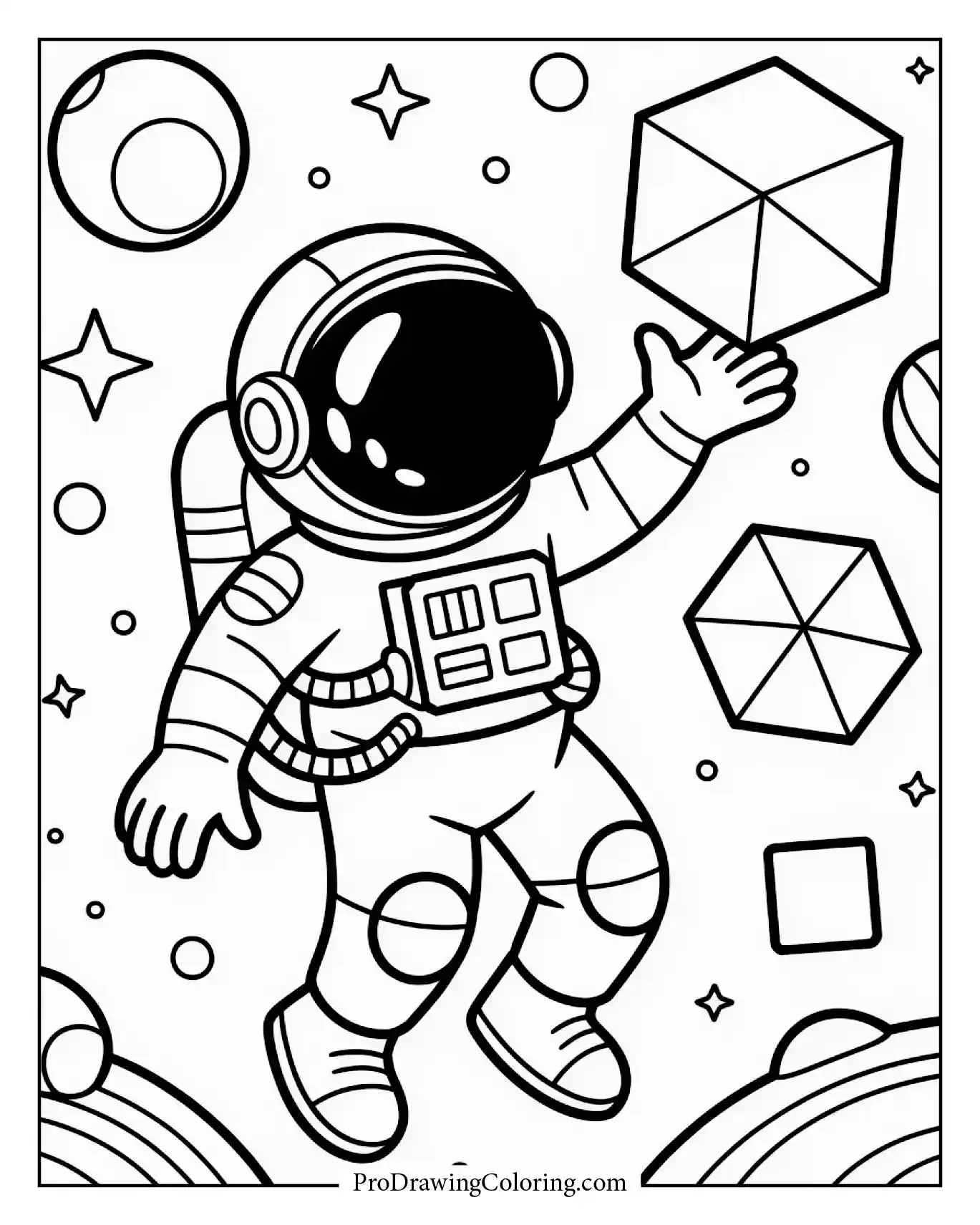 Astronaut touching floating geometric shapes in a cosmic environment.