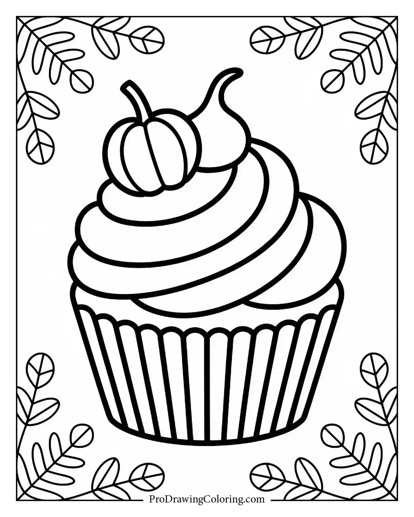 Cupcake coloring pages – autumn pumpkin cupcake with fall leaves