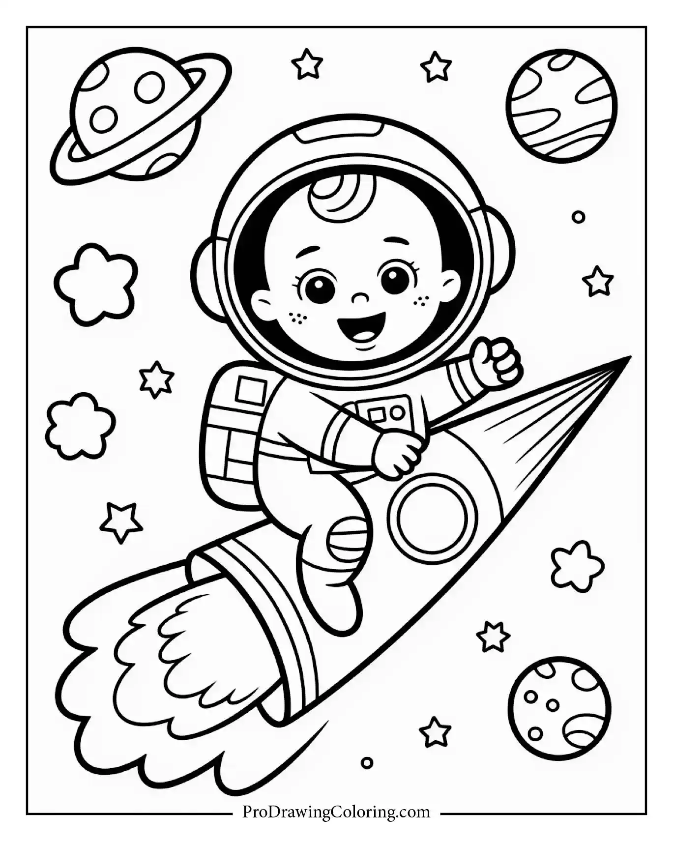 Baby astronaut riding a shooting comet through space, fun scene for kids.