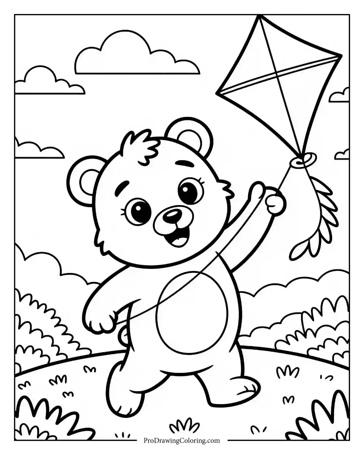 Baby bear holding kite on windy hilltop