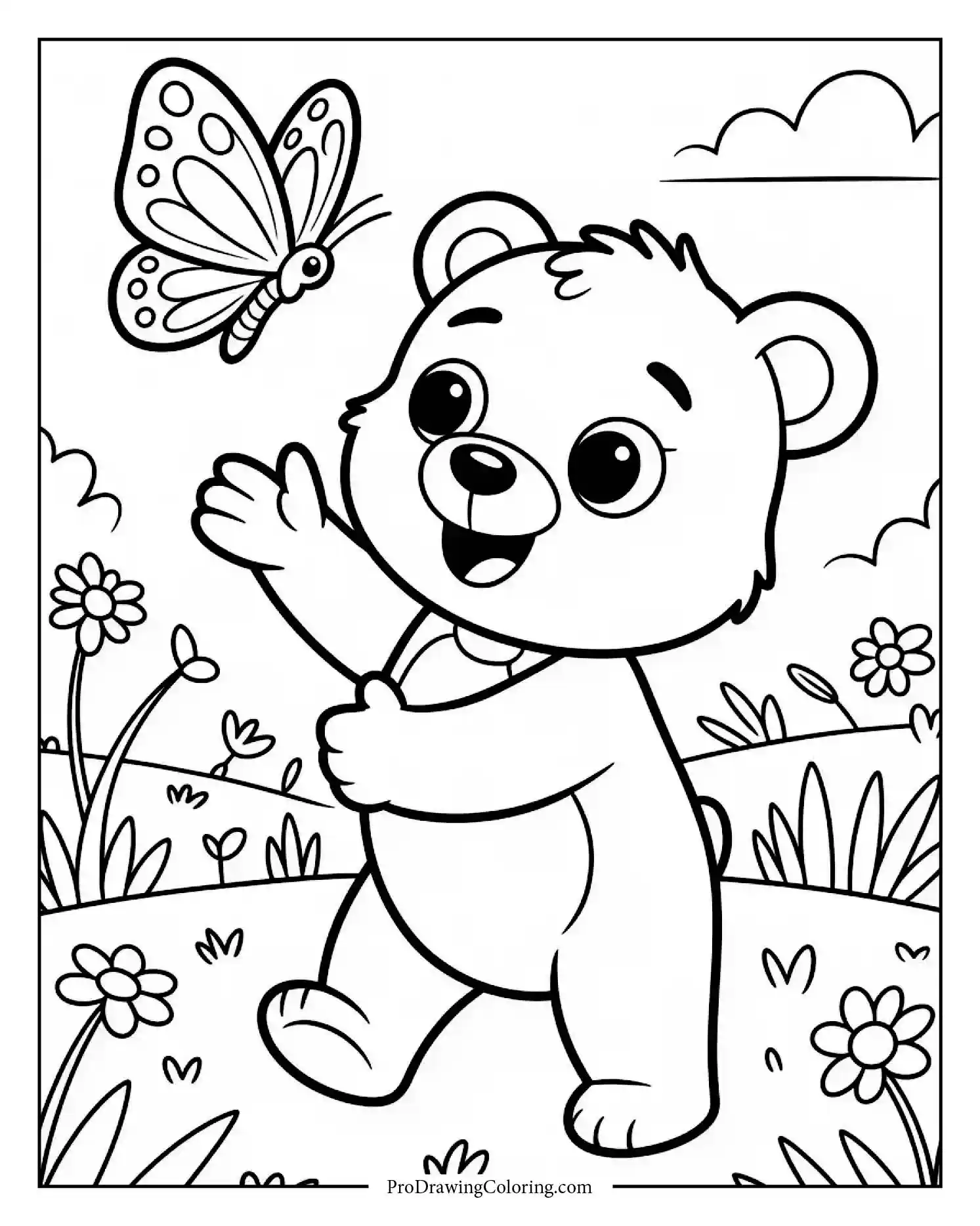 Sweet baby bear chasing butterfly in flower field