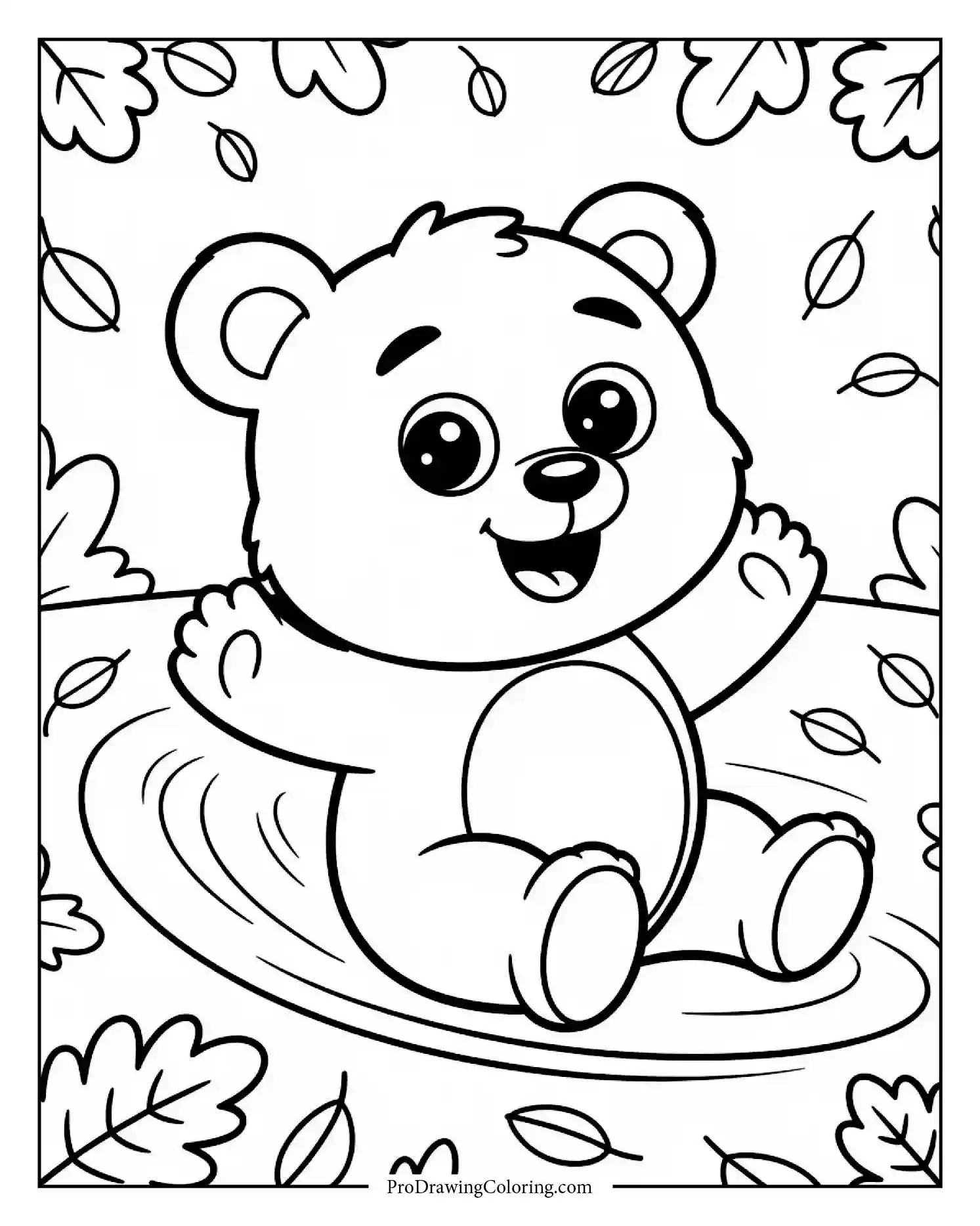 Baby bear having fun sliding on colorful autumn leaves