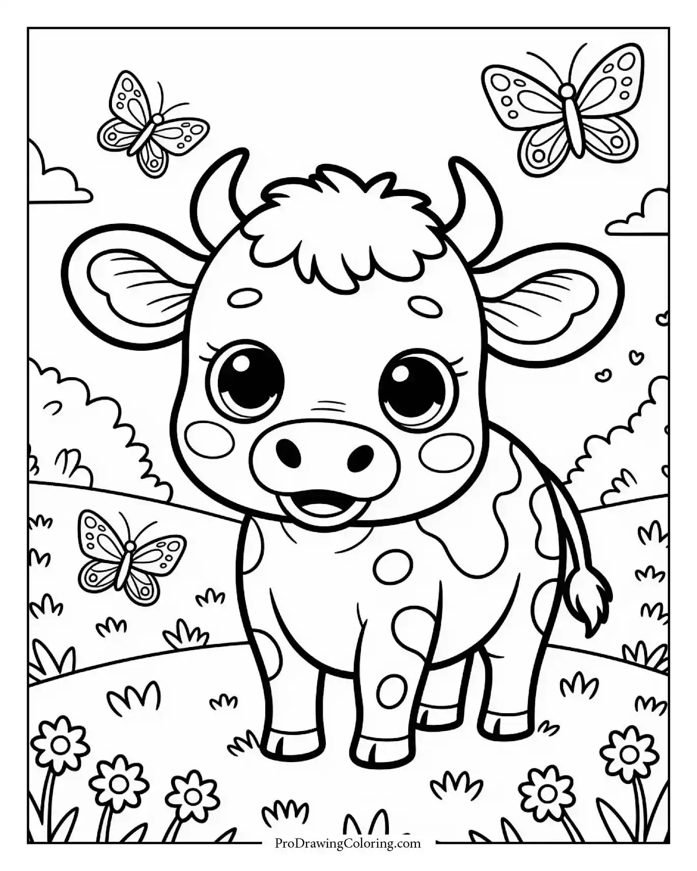 Cute baby cow playing with butterflies in sunny meadow, printable coloring page for kids