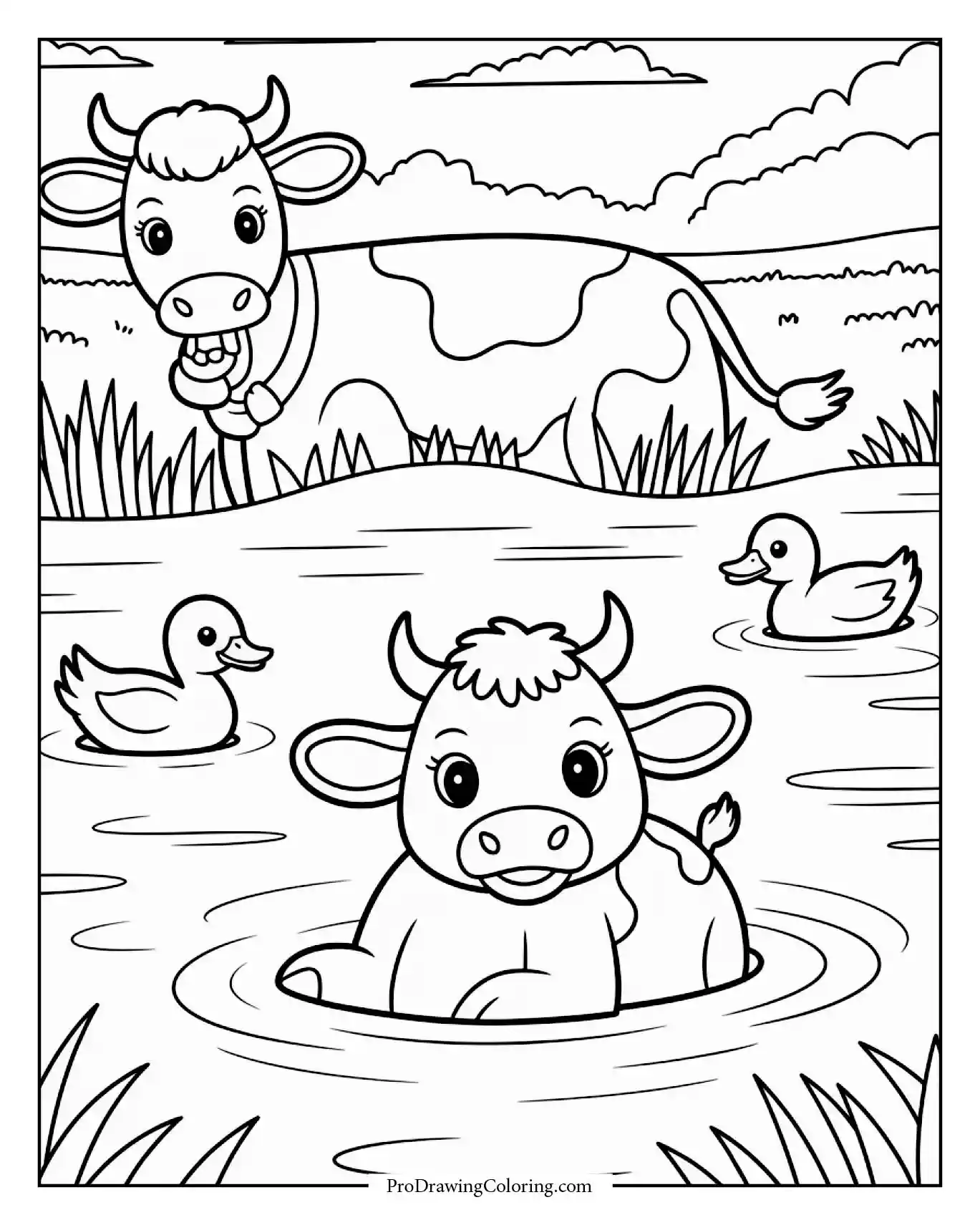 Baby cow happily swimming with two ducks as mother cow watches nearby