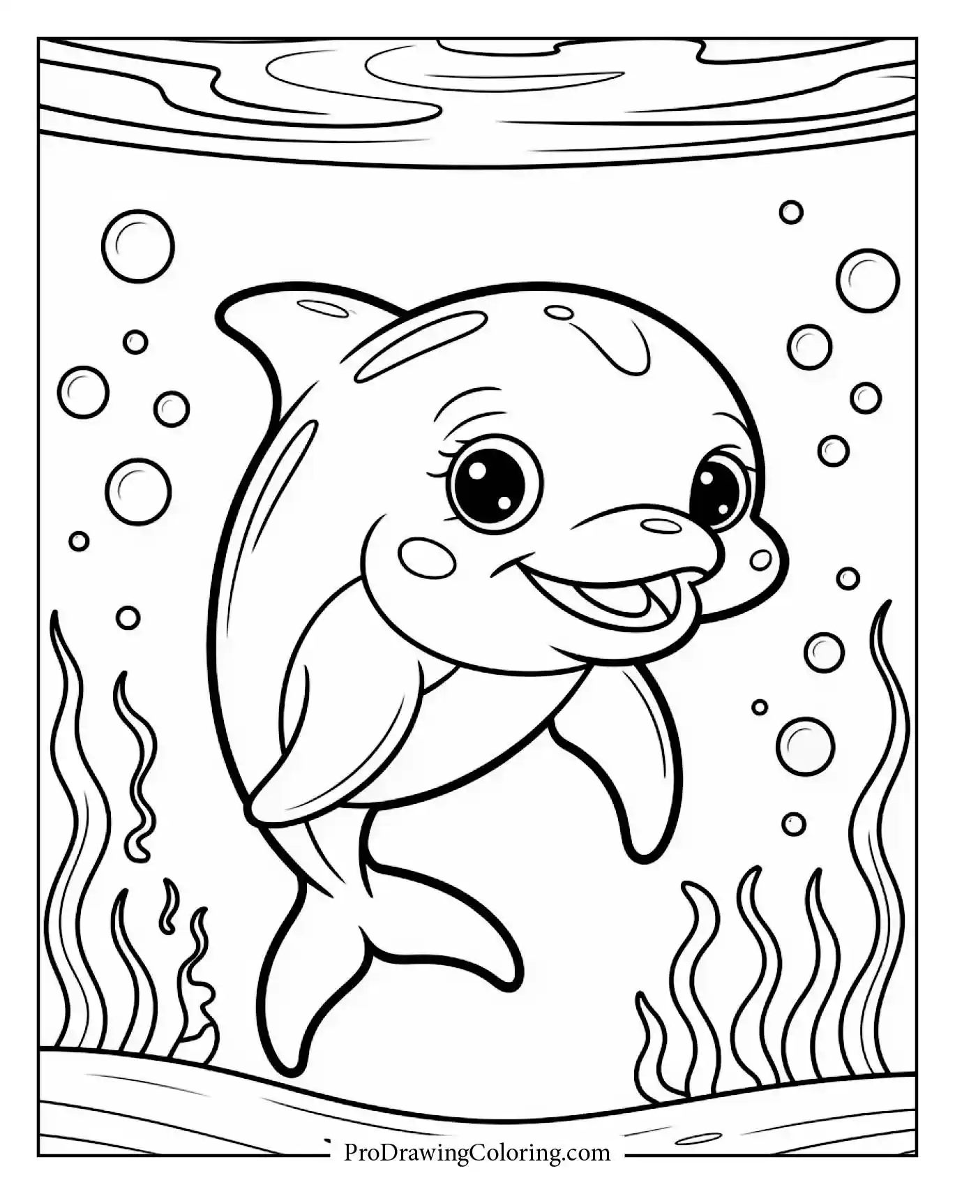 Adorable baby dolphin smiling underwater