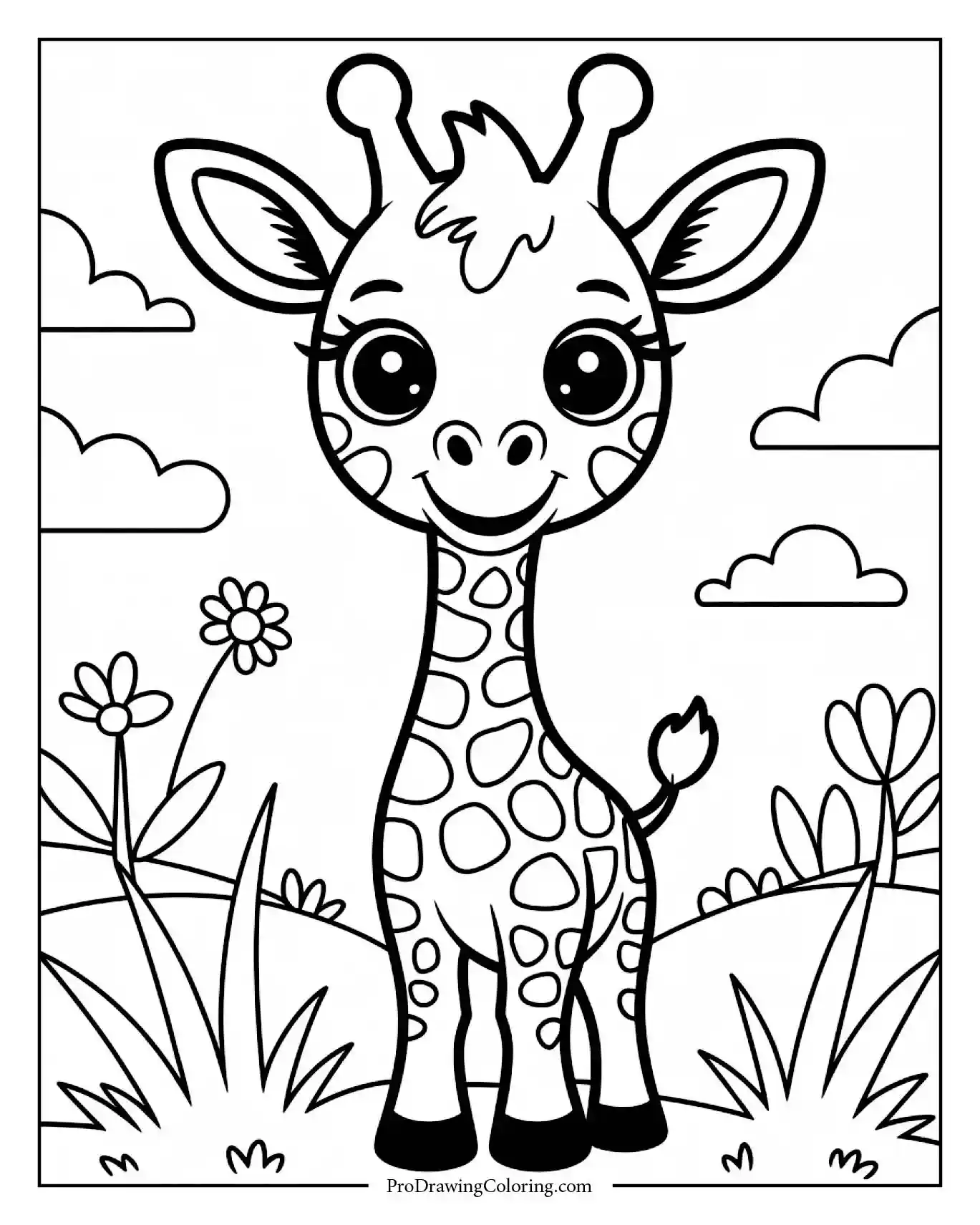 baby giraffe smiling coloring page for kids Adorable baby giraffe smiling with big eyes, fun giraffe coloring page for kids.