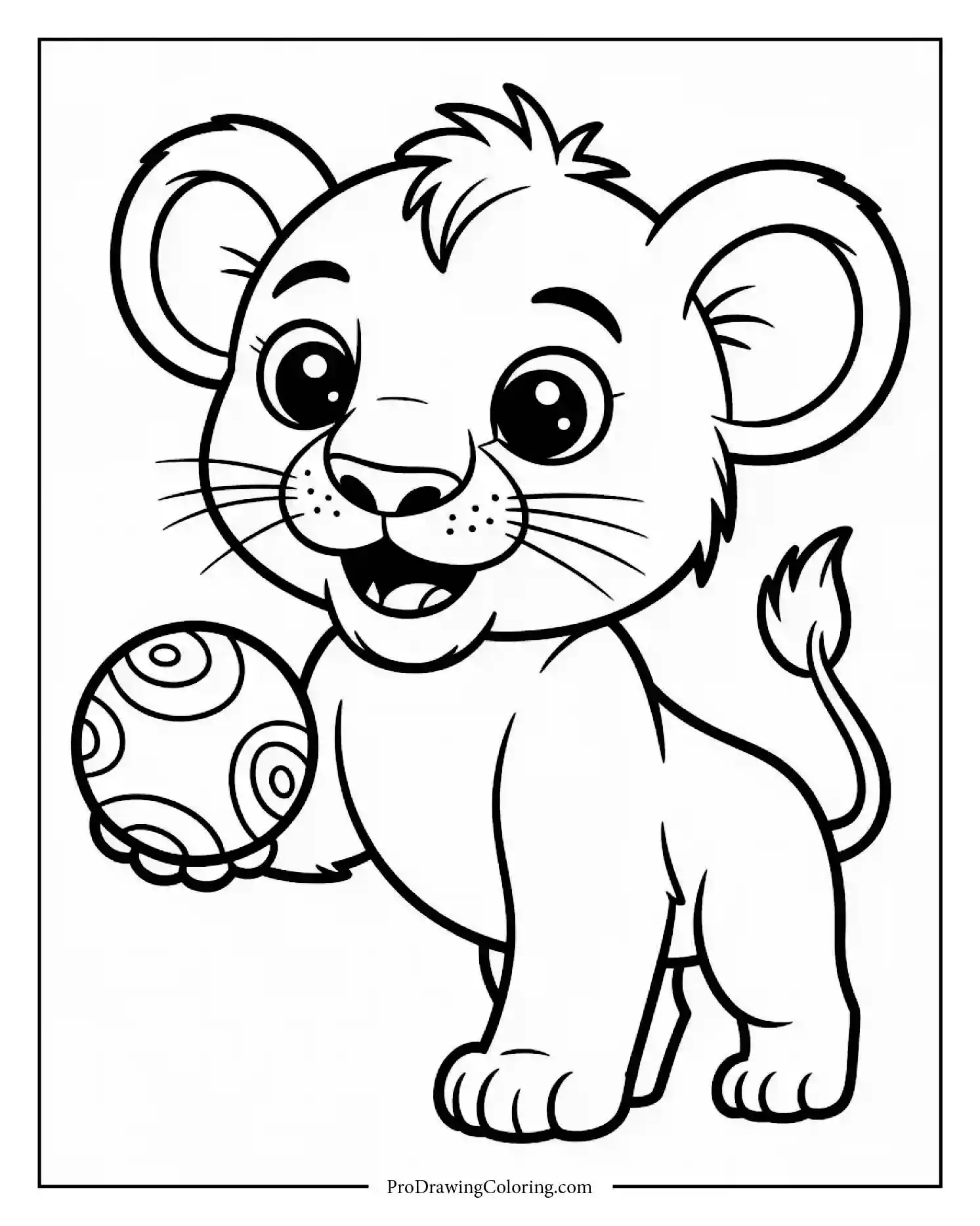 baby lion holding tiny A cute lion cub holding a round ball, drawn in soft Pixar-cartoon style for kids.