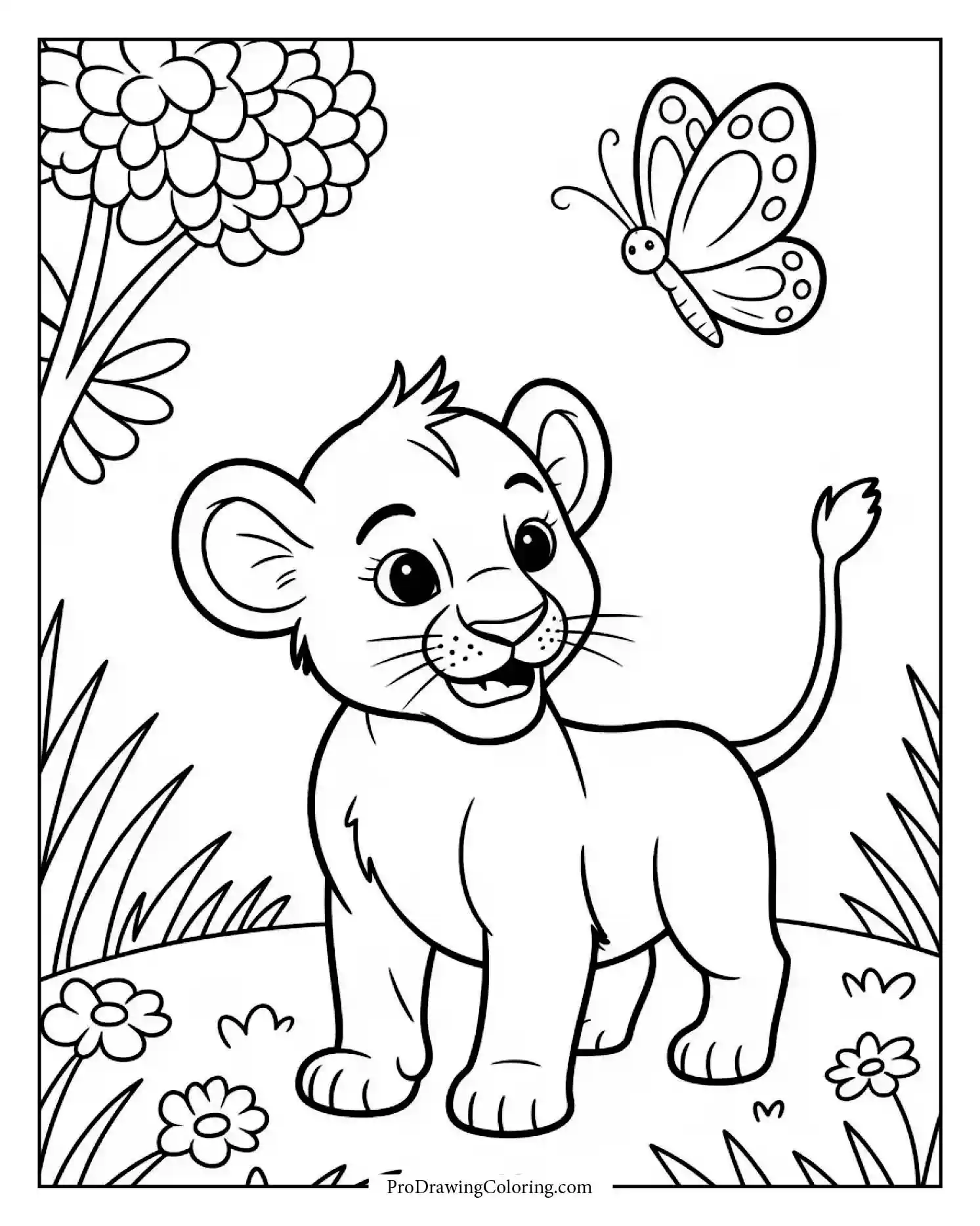 baby lion coloring page printable A curious cub chasing a tiny butterfly, perfect printable for kids who love animals.