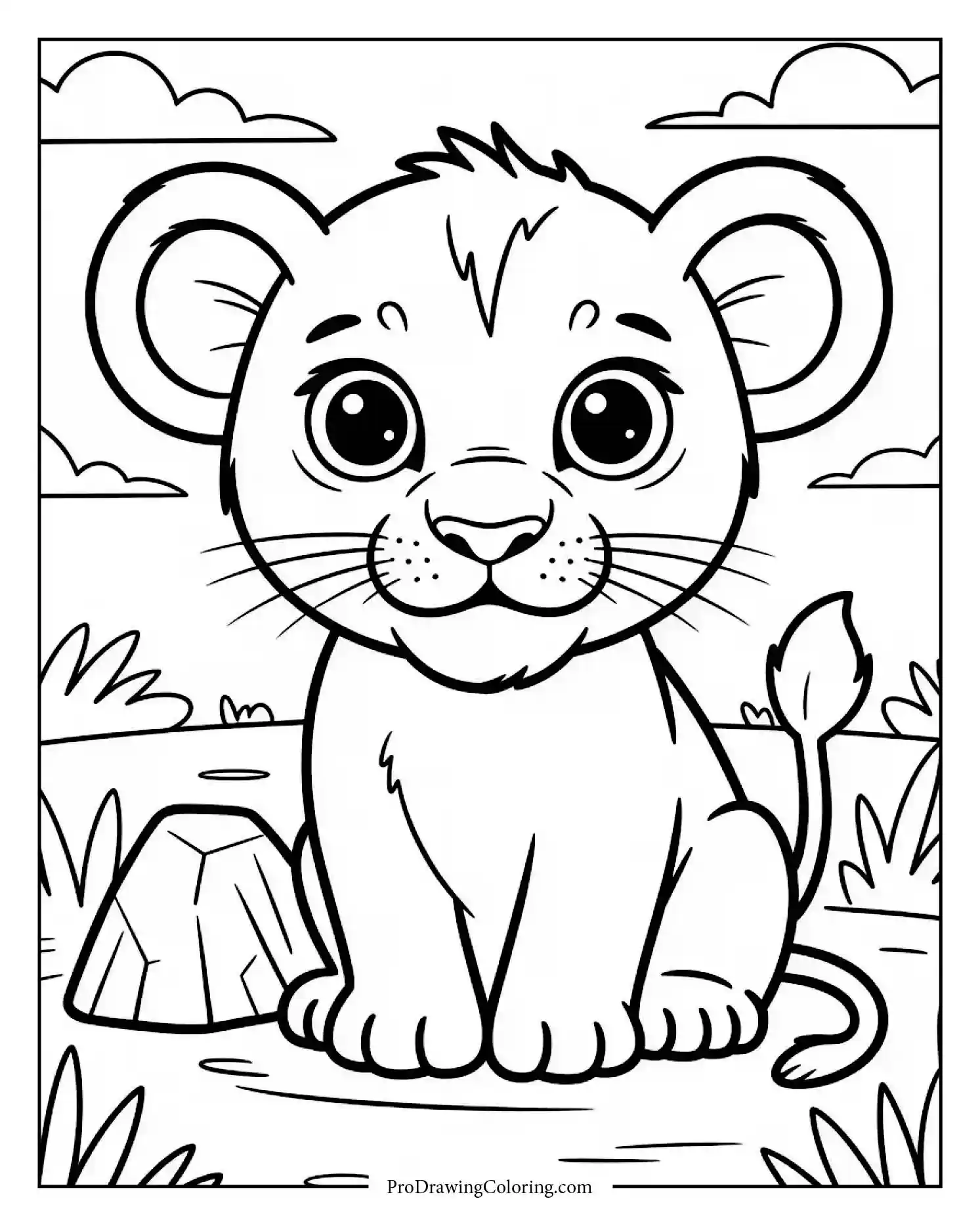 baby lion sitting near to print A tiny lion cub resting by a rock, simple scene perfect for easy coloring.