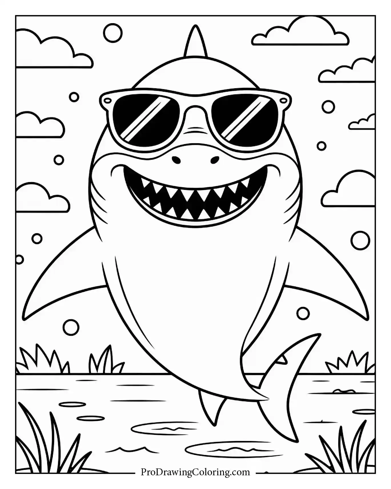 A cool shark wearing big sunglasses with a cheerful grin