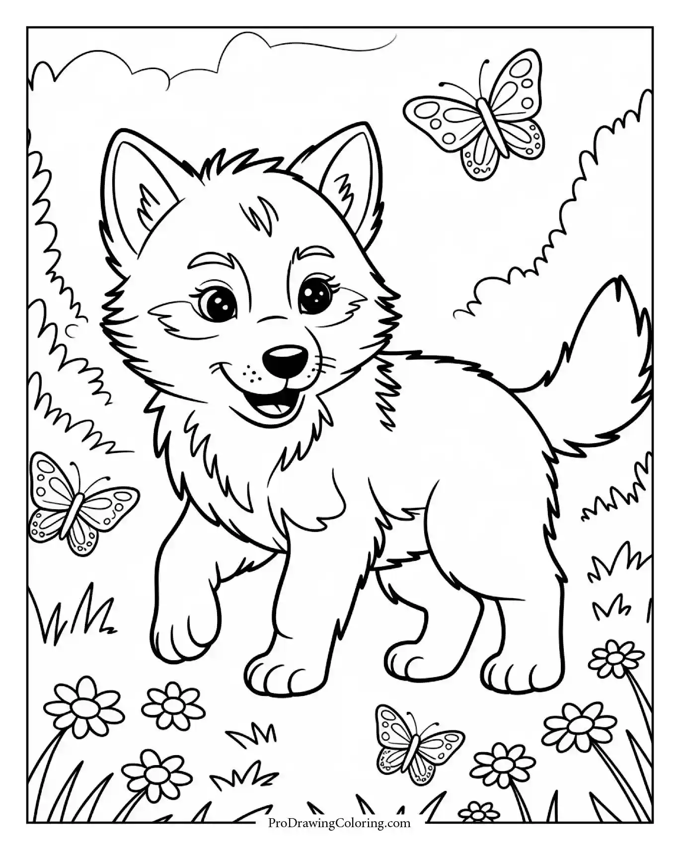 baby wolf butterflies coloring page Adorable wolf coloring page for kids showing a baby wolf chasing butterflies in the meadow