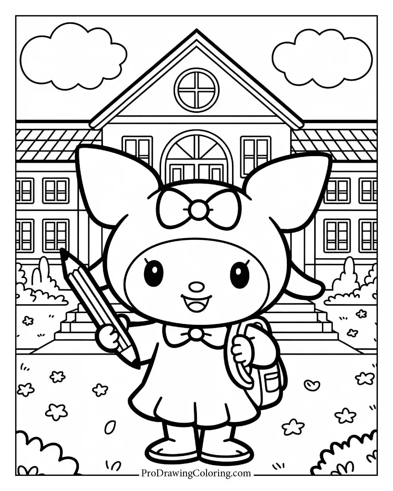 School-themed Kuromi with books and backpack, academic look, back to school.