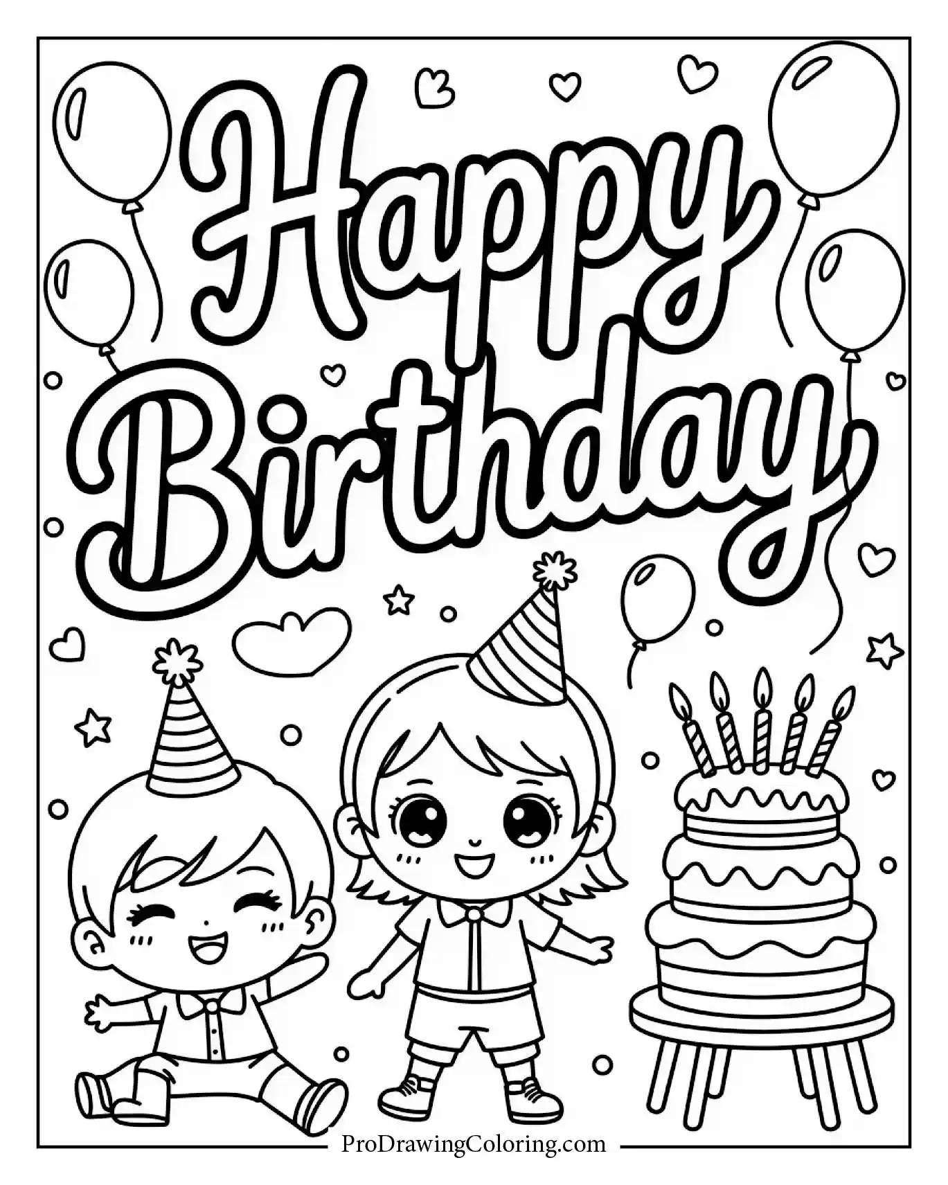 A joyful balloon party scene in Ribbon Script, a fun Happy Birthday Coloring Page for kids and adults.