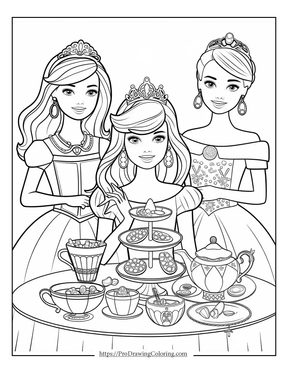 Barbie and friends coloring pages with princess characters sharing a tea party together