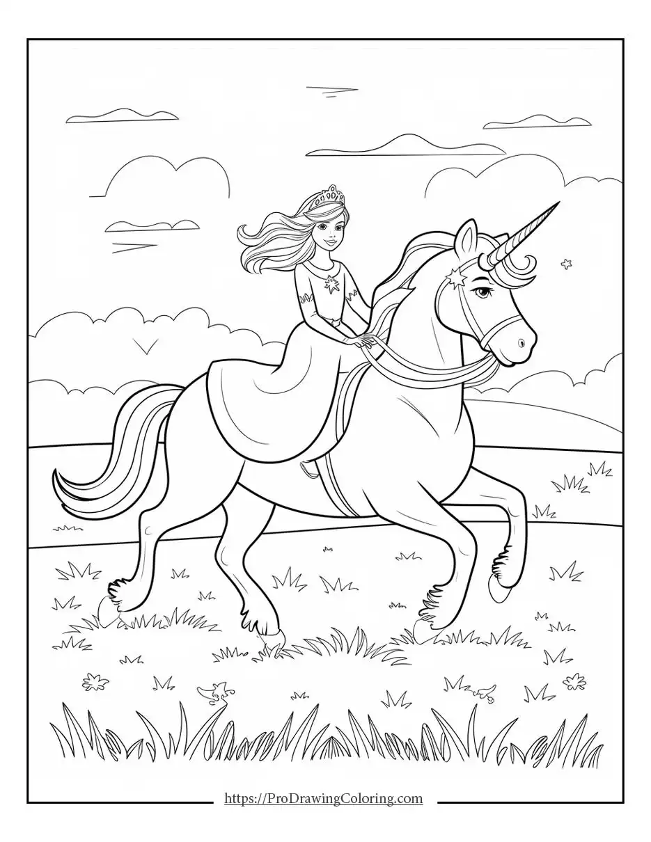 Barbie and horse coloring pages showing a princess riding a unicorn in an open field