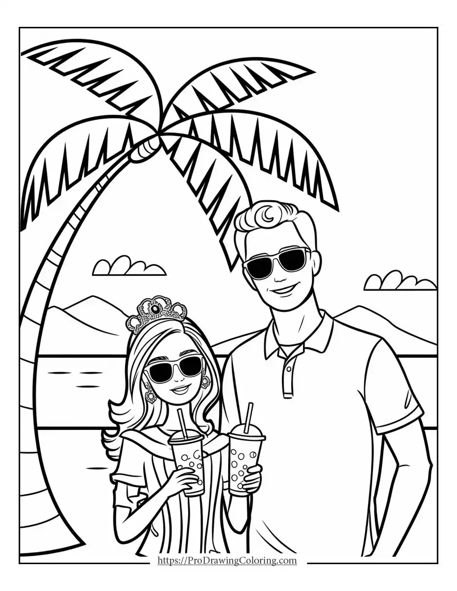 Barbie and Ken coloring pages showing the couple together on a tropical beach with palm trees and summer drinks