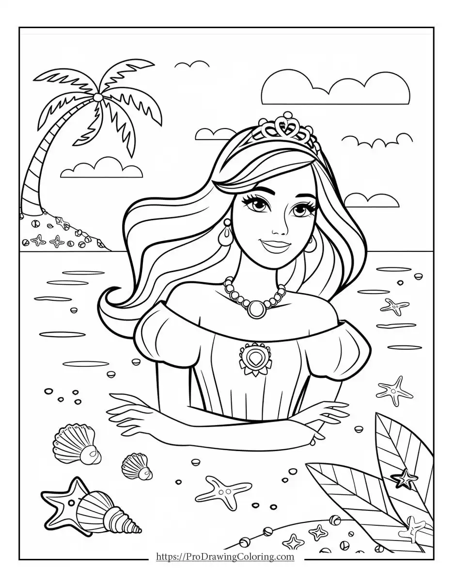 Barbie at the beach coloring pages with seashells, ocean details, and a summer princess look