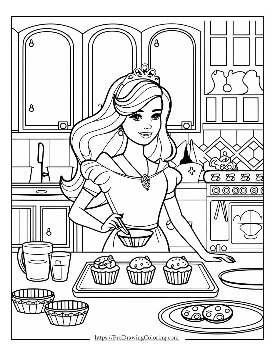 Barbie preparing cupcakes in a cozy kitchen with baking tools and treats