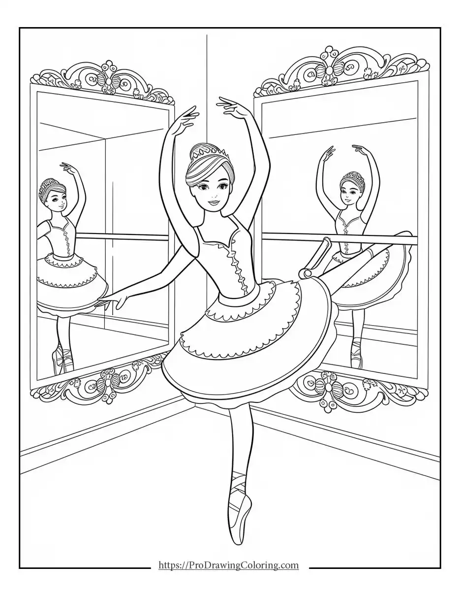 Graceful Barbie practicing ballet movements inside a classic dance studio