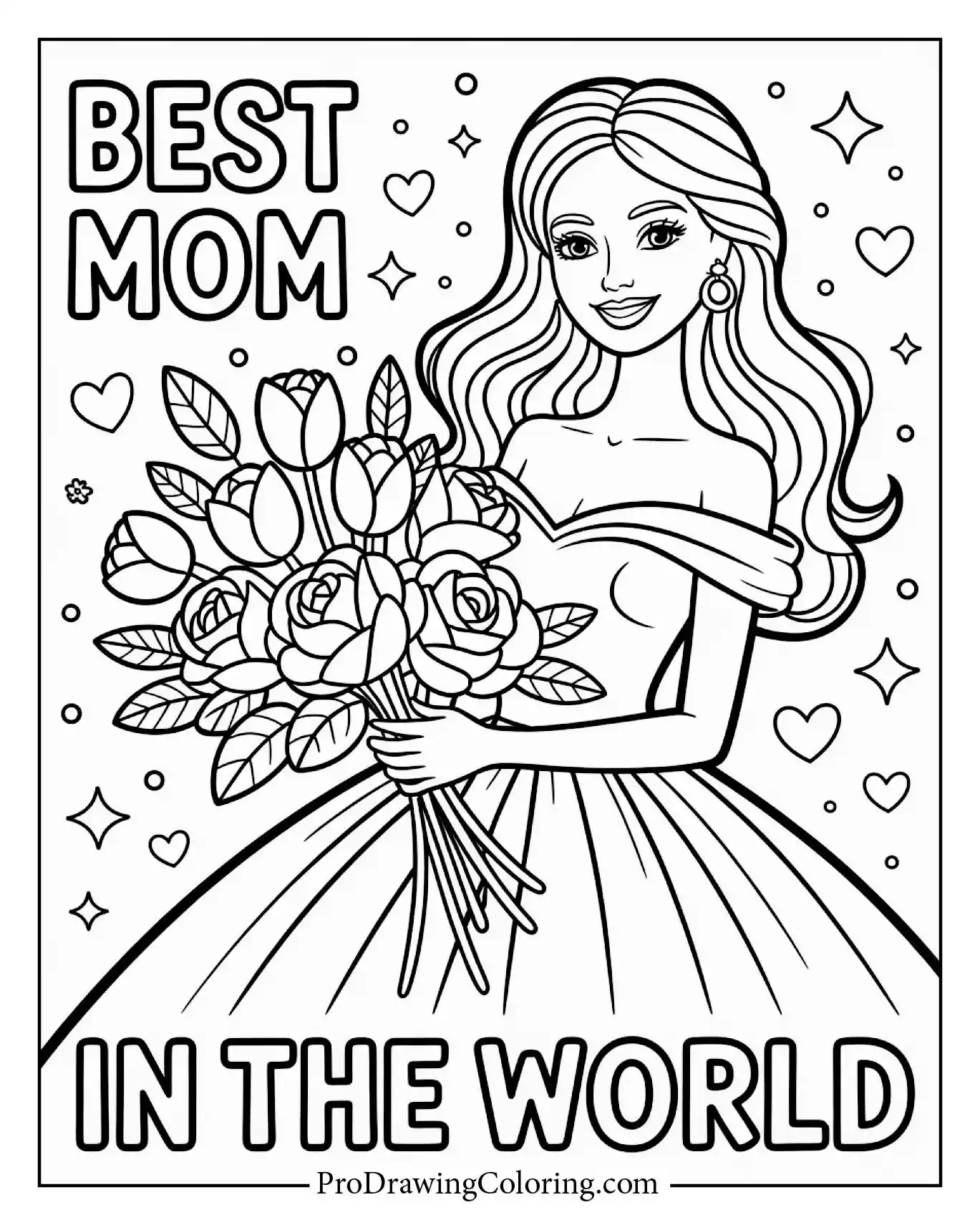 Barbie in an elegant dress holding beautiful roses. This printable coloring page is a gorgeous activity with floating hearts to celebrate moms.